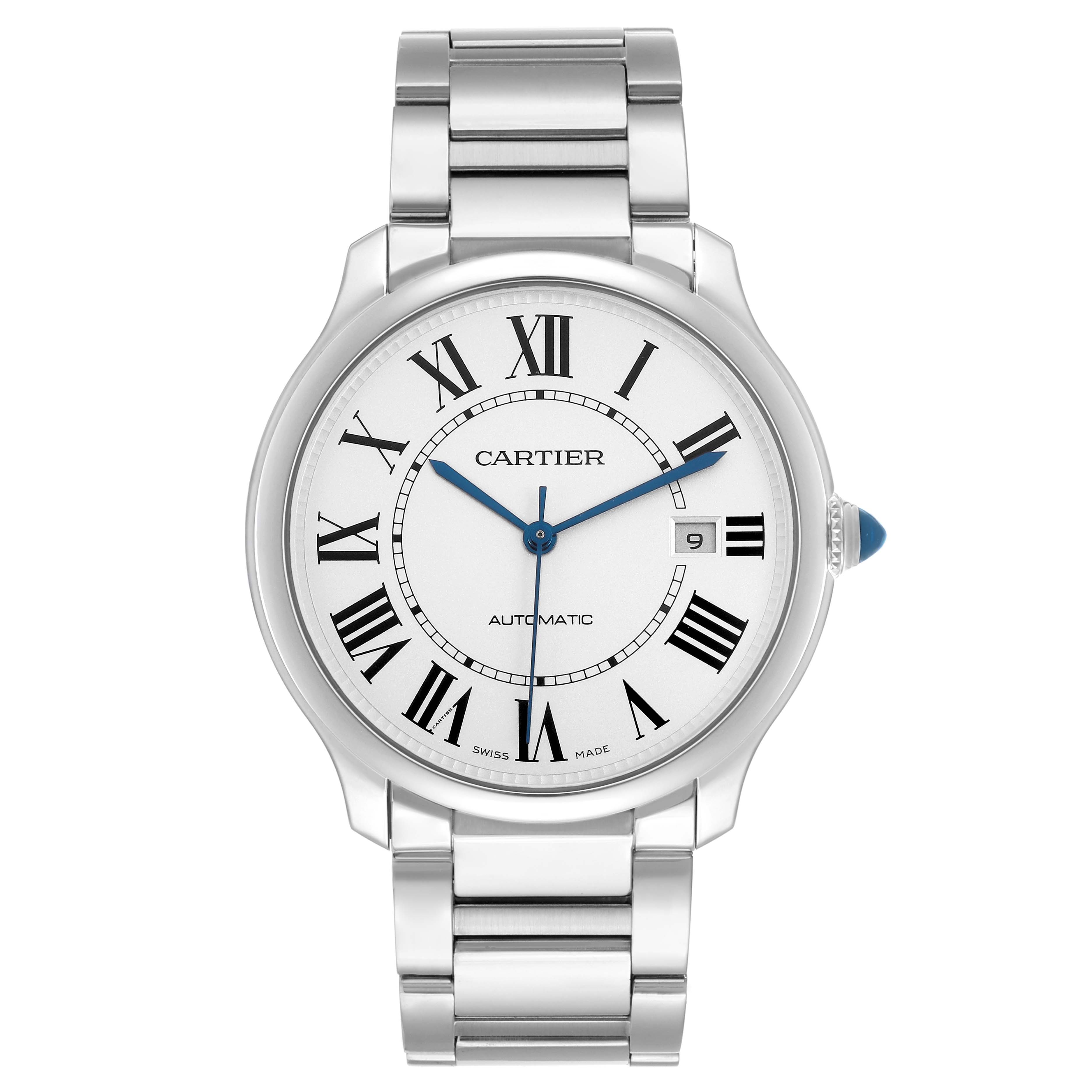 The Cartier Ronde WSRN0035 Men's Stainless Steel Silver Dial watch is shown from the front, displaying the face, Roman numerals, hands, date, and stainless steel bracelet.