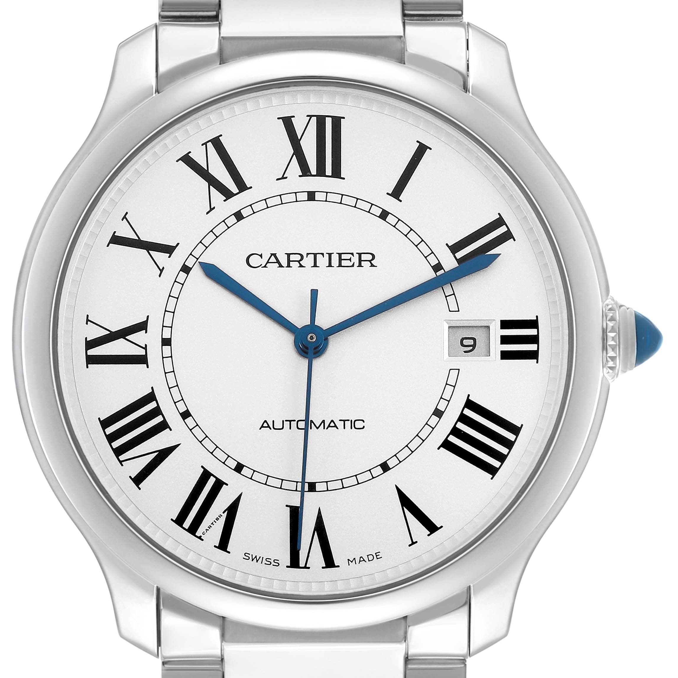 The Cartier Ronde WSRN0035 Men's Stainless Steel Silver Dial watch is shown from a front angle, displaying the dial, hands, date window, and part of the bracelet.