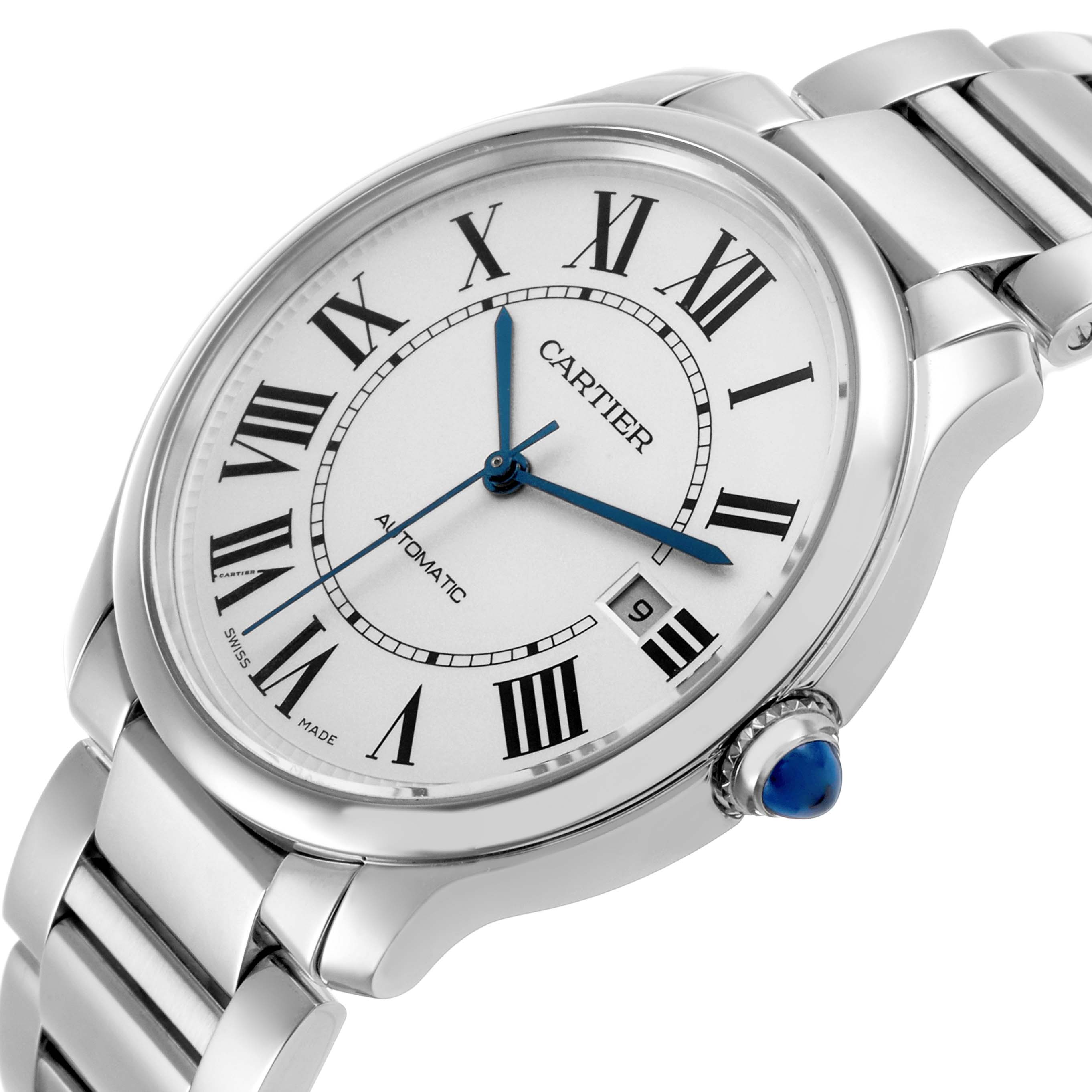 The Cartier Ronde WSRN0035 Men's Stainless Steel Silver Dial watch is shown at an angled side view, highlighting the dial, crown with blue cabochon, and metal bracelet.