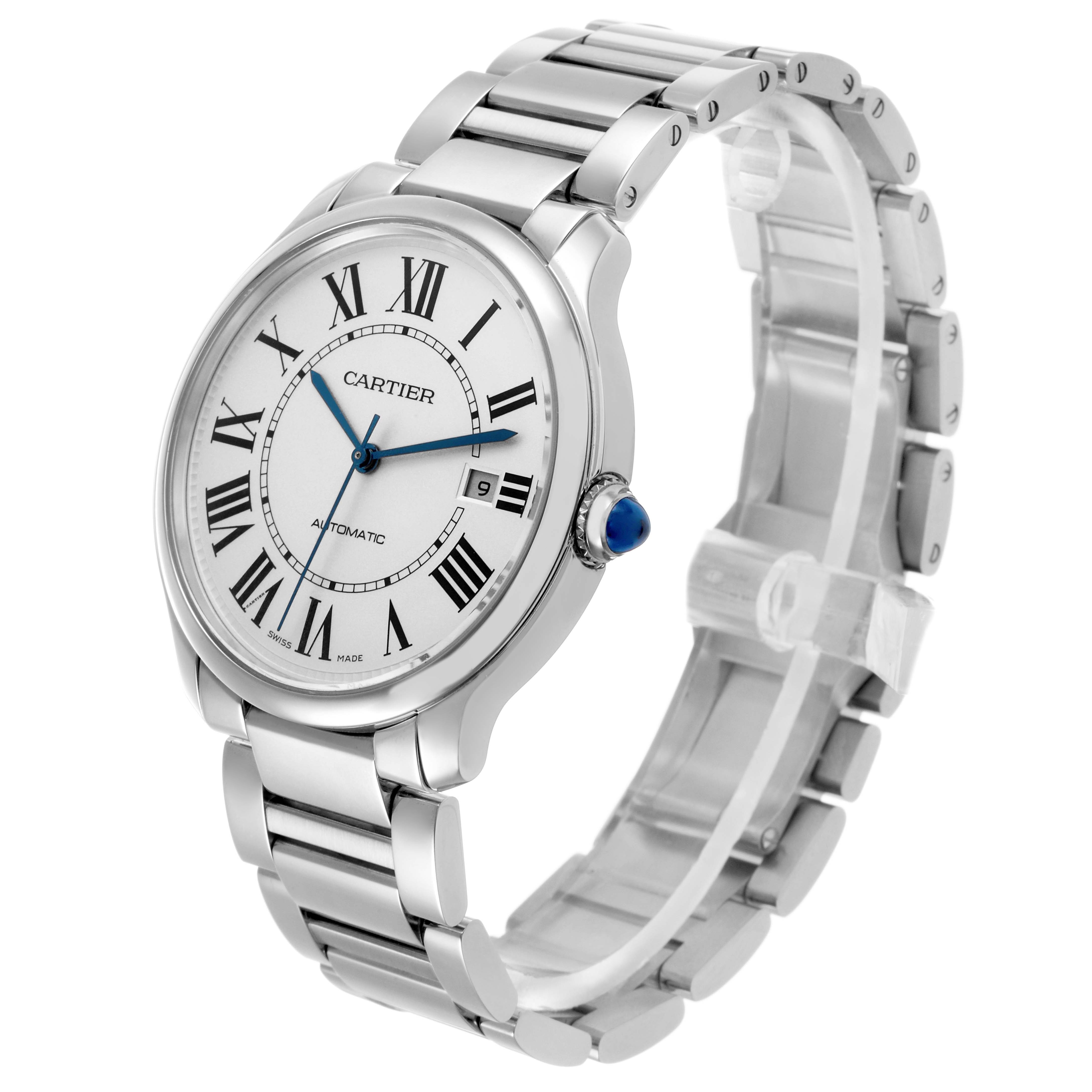 The Cartier Ronde WSRN0035 Men's Stainless Steel Silver Dial watch is shown at a three-quarter angle, highlighting its face, bezel, bracelet, and blue crown.