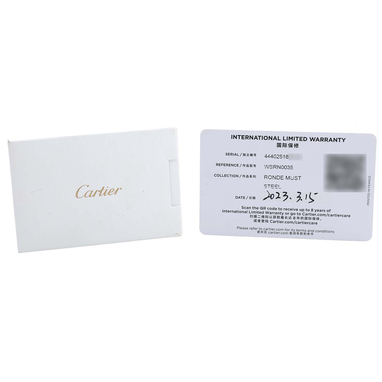 The image shows a Cartier Ronde WSRN0035 Men's Stainless Steel Silver Dial model booklet and international warranty card side by side.
