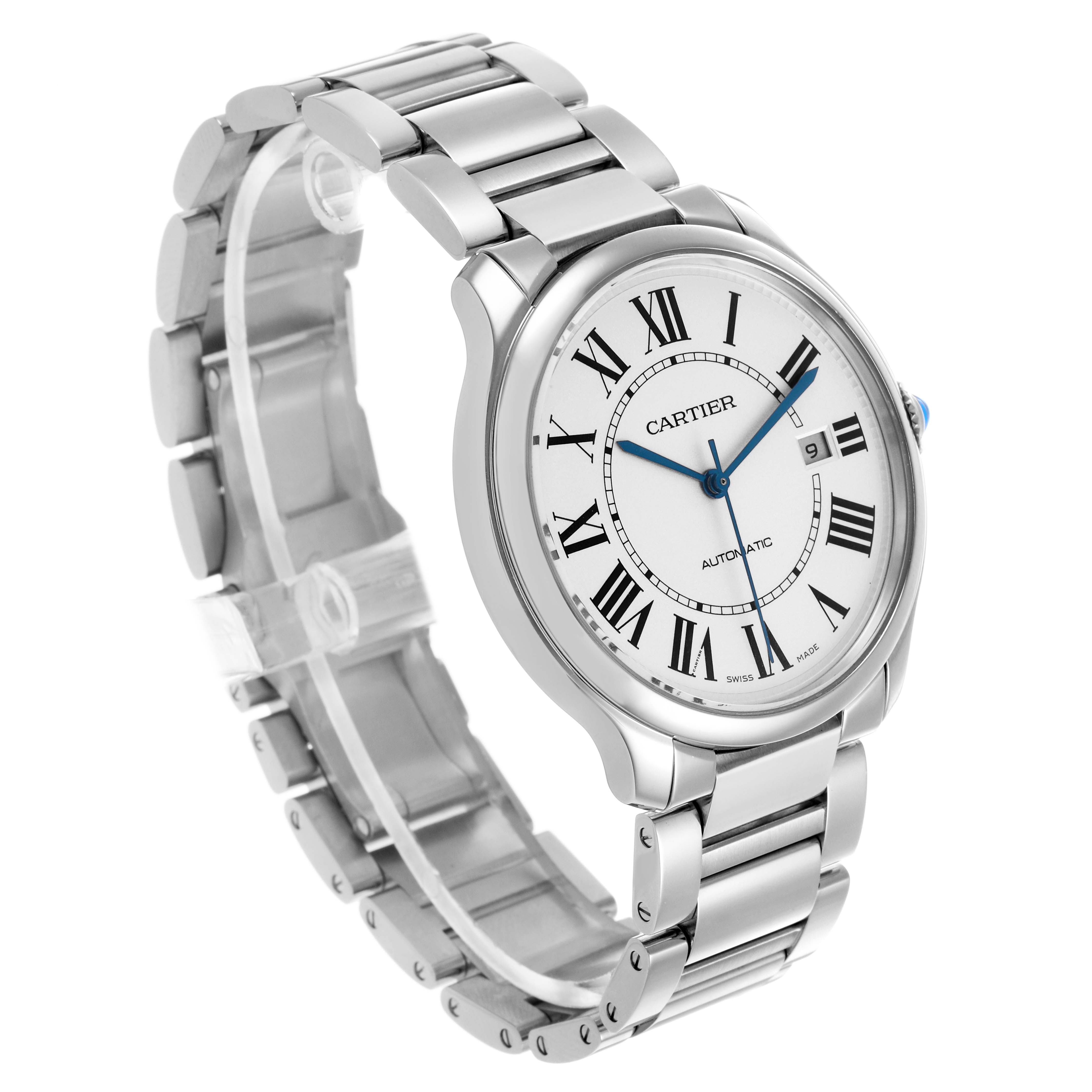 The Cartier Ronde WSRN0035 Men's Stainless Steel Silver Dial watch is shown at a slight angle, highlighting its round face, Roman numerals, and metal bracelet.