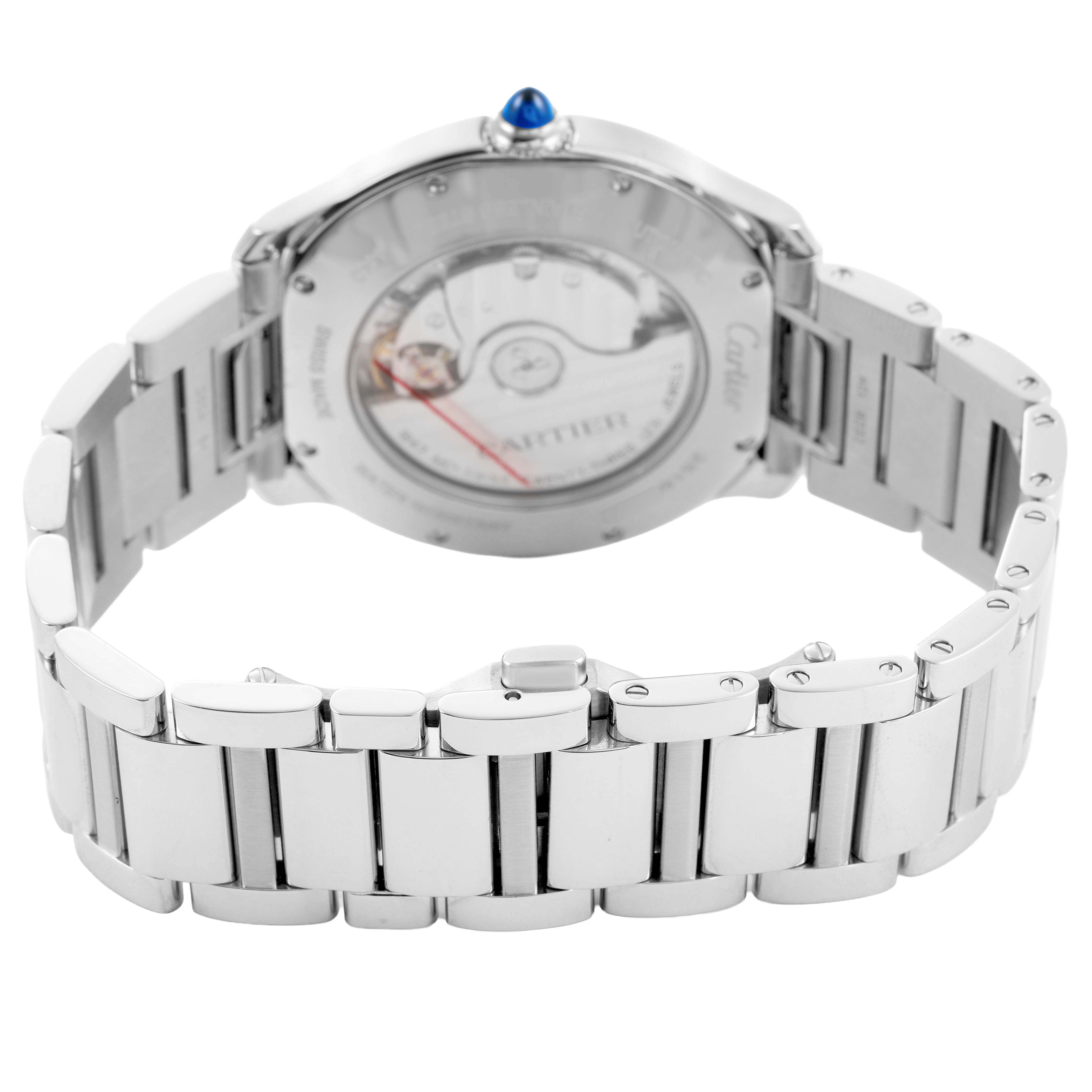 The Cartier Ronde WSRN0035 Men's Stainless Steel Silver Dial watch is shown from a rear angle, highlighting the bracelet and case back with visible mechanical details.