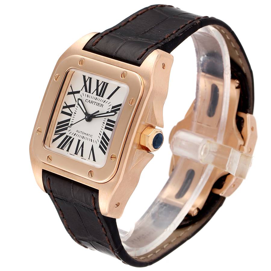 Cartier Santos 100 Midsize Rose Gold Silver Dial Mens Watch W20108Y1 ...