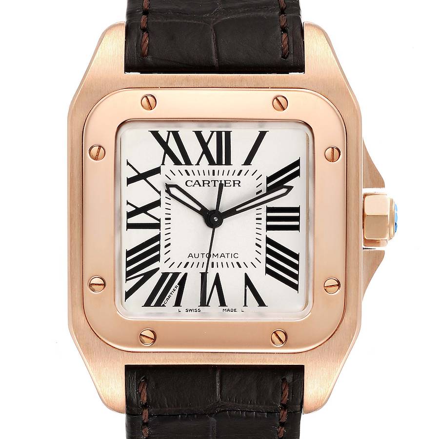 Cartier Santos 100 Midsize Rose Gold Silver Dial Mens Watch W20108Y1 SwissWatchExpo