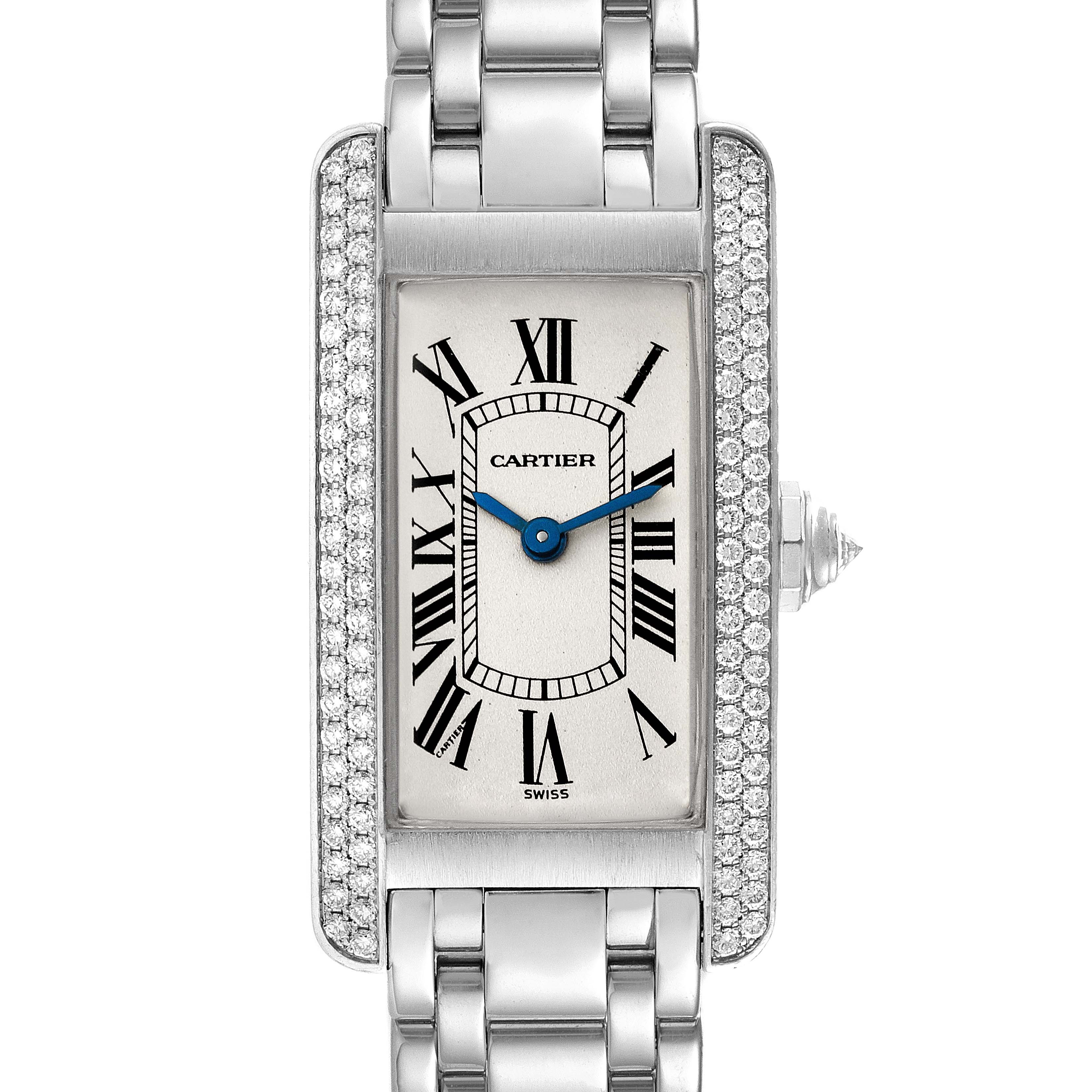 This image shows a front view of the Cartier Tank Americaine WB7018L1 Women's White Gold Silver Dial WB7018L1 Women's White Gold Silver Dial watch with a metal bracelet and diamond-set bezel.