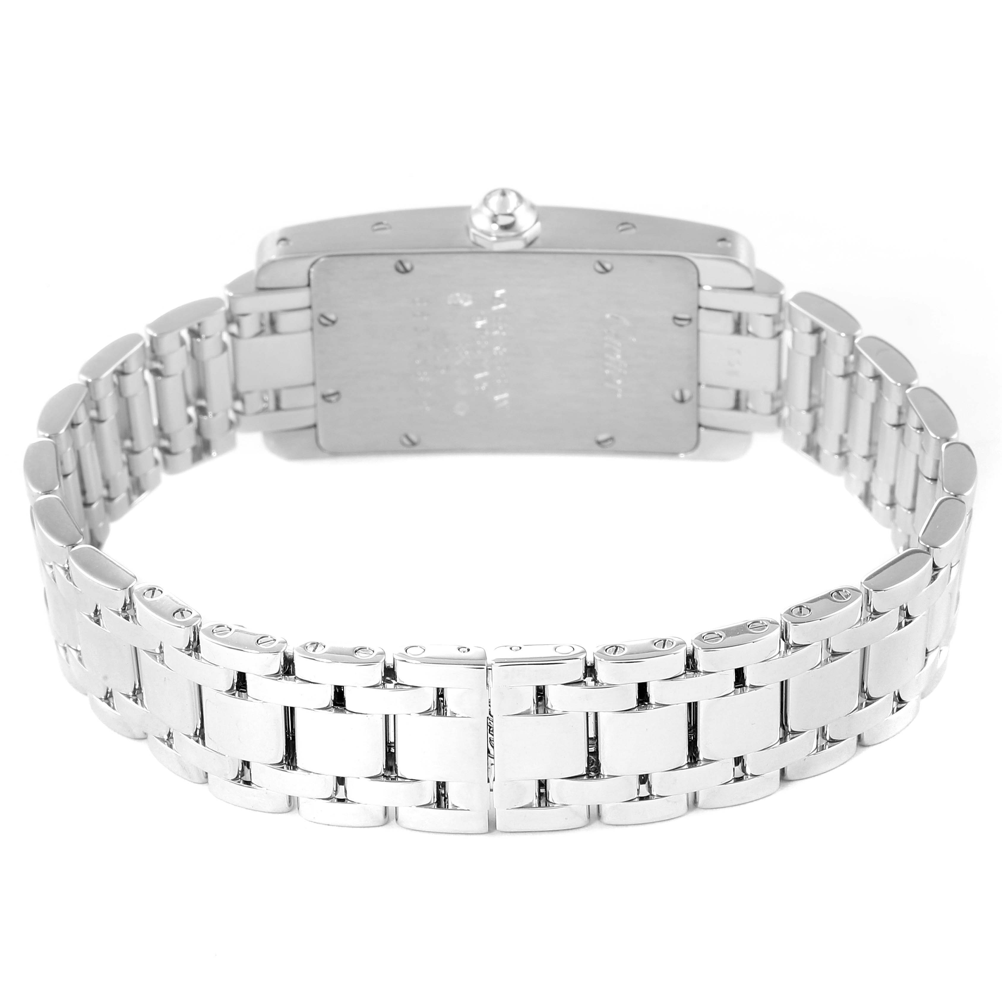 The image shows the back and bracelet of a Cartier Tank Americaine WB7018L1 Women's White Gold Silver Dial WB7018L1 Women's White Gold Silver Dial watch.