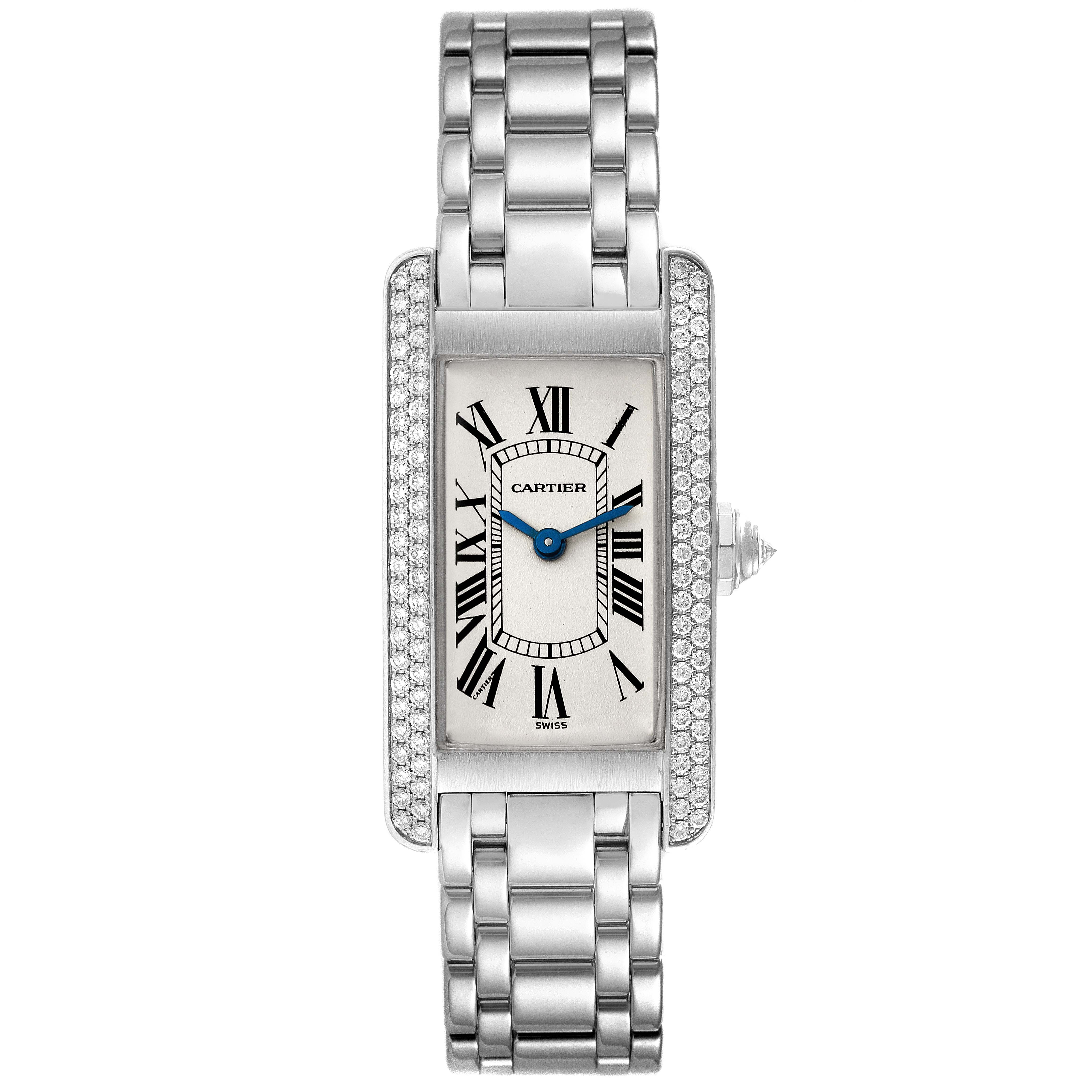 This image shows a front view of a Tank Americaine watch by Cartier, displaying its face, bracelet, and diamond-studded bezel.