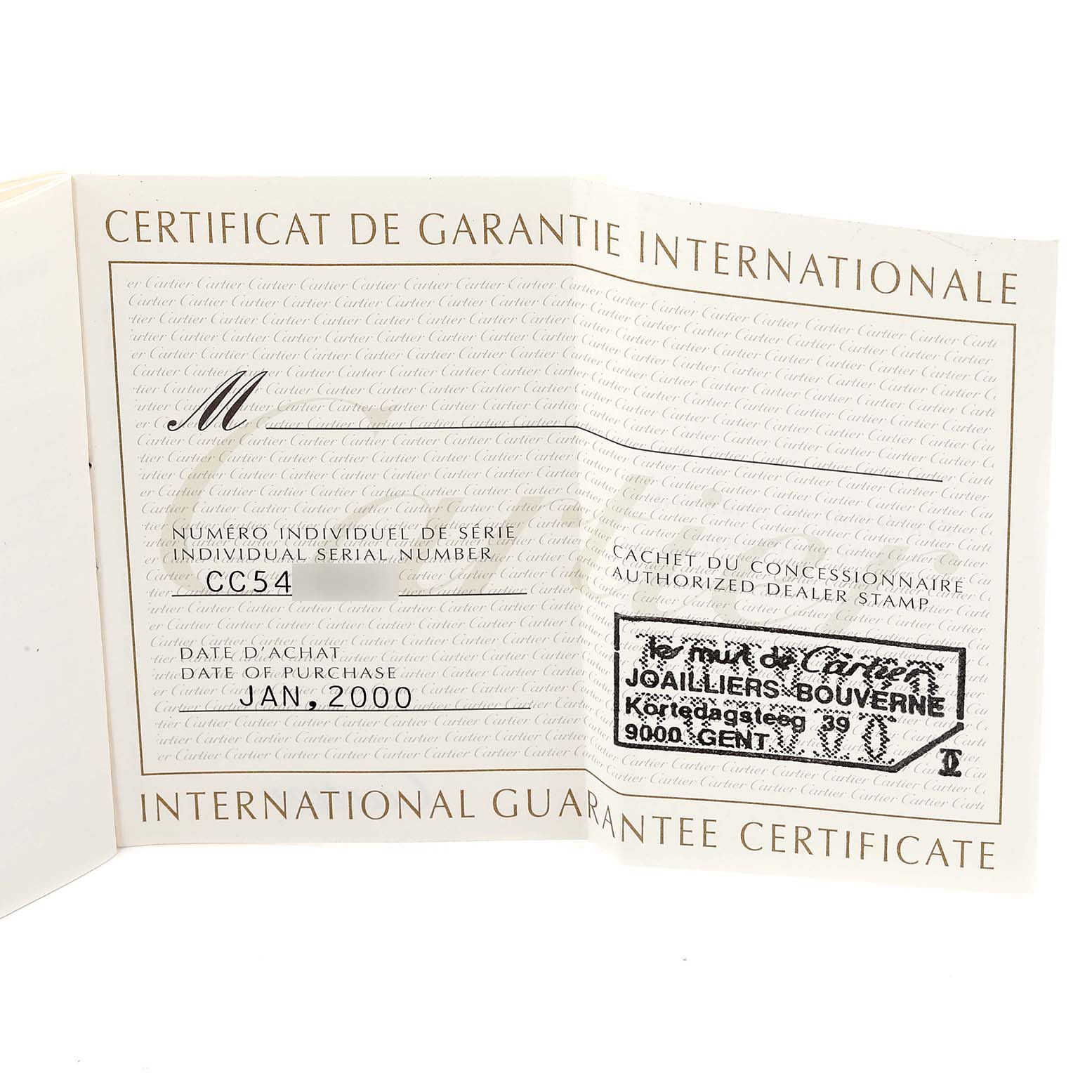 This image displays the international guarantee certificate for a Cartier Tank Americaine WB7018L1 Women's White Gold Silver Dial WB7018L1 Women's White Gold Silver Dial watch.