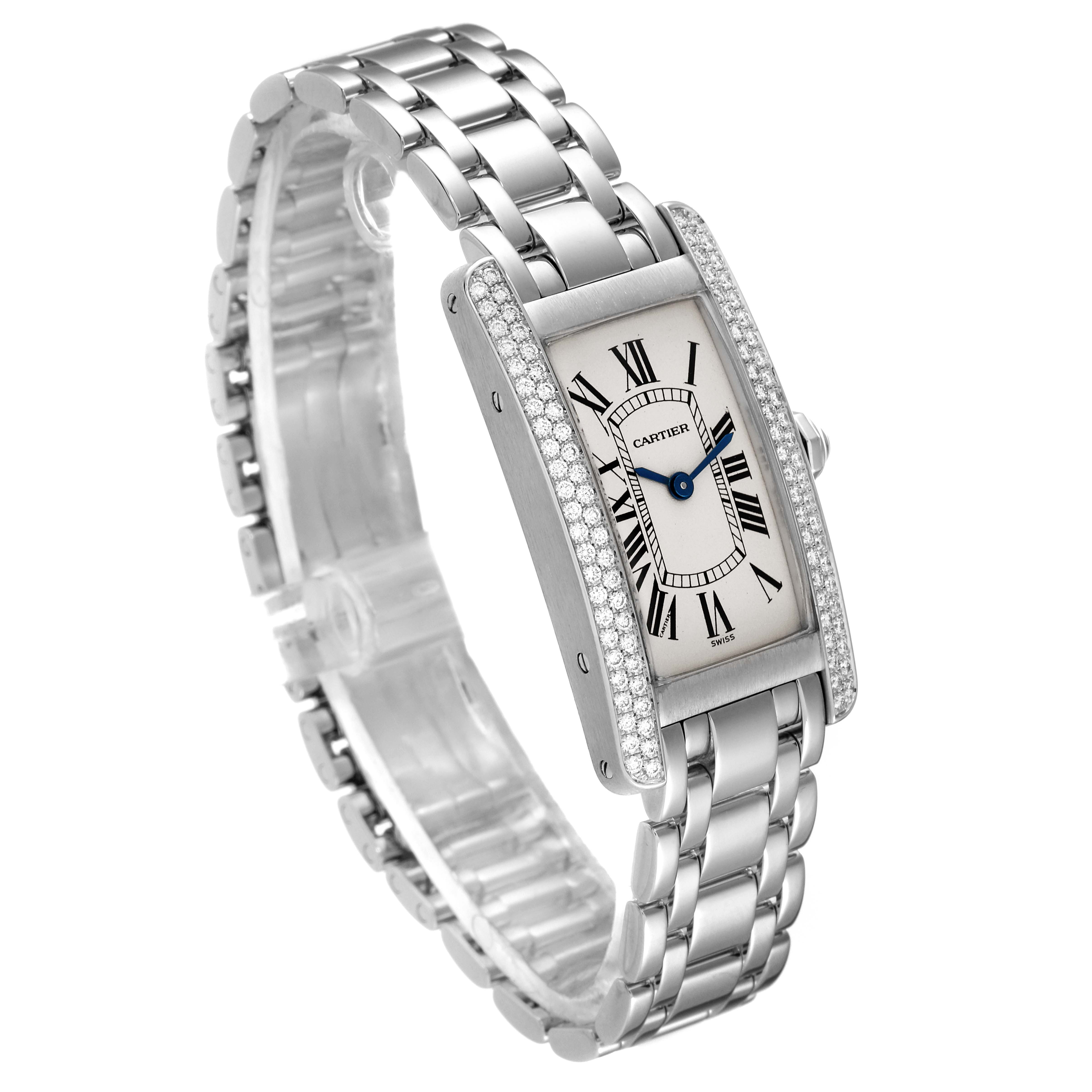 This image shows a three-quarter view of the Cartier Tank Americaine WB7018L1 Women's White Gold Silver Dial WB7018L1 Women's White Gold Silver Dial watch, showcasing its face and metal link bracelet.