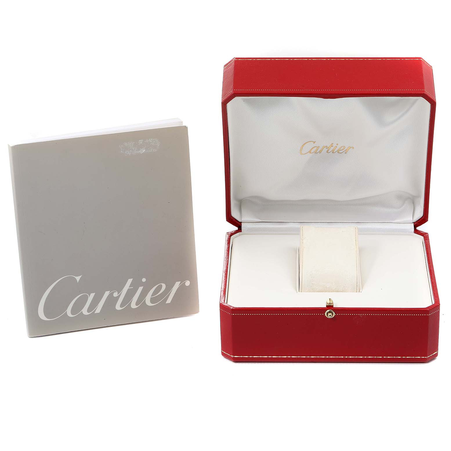 The image shows the packaging for a Cartier Tank Francaise W51002Q3 Men's Stainless Steel Silver Dial W51002Q3 Men's Stainless Steel Silver Dial watch, including a red watch box and instruction manual.
