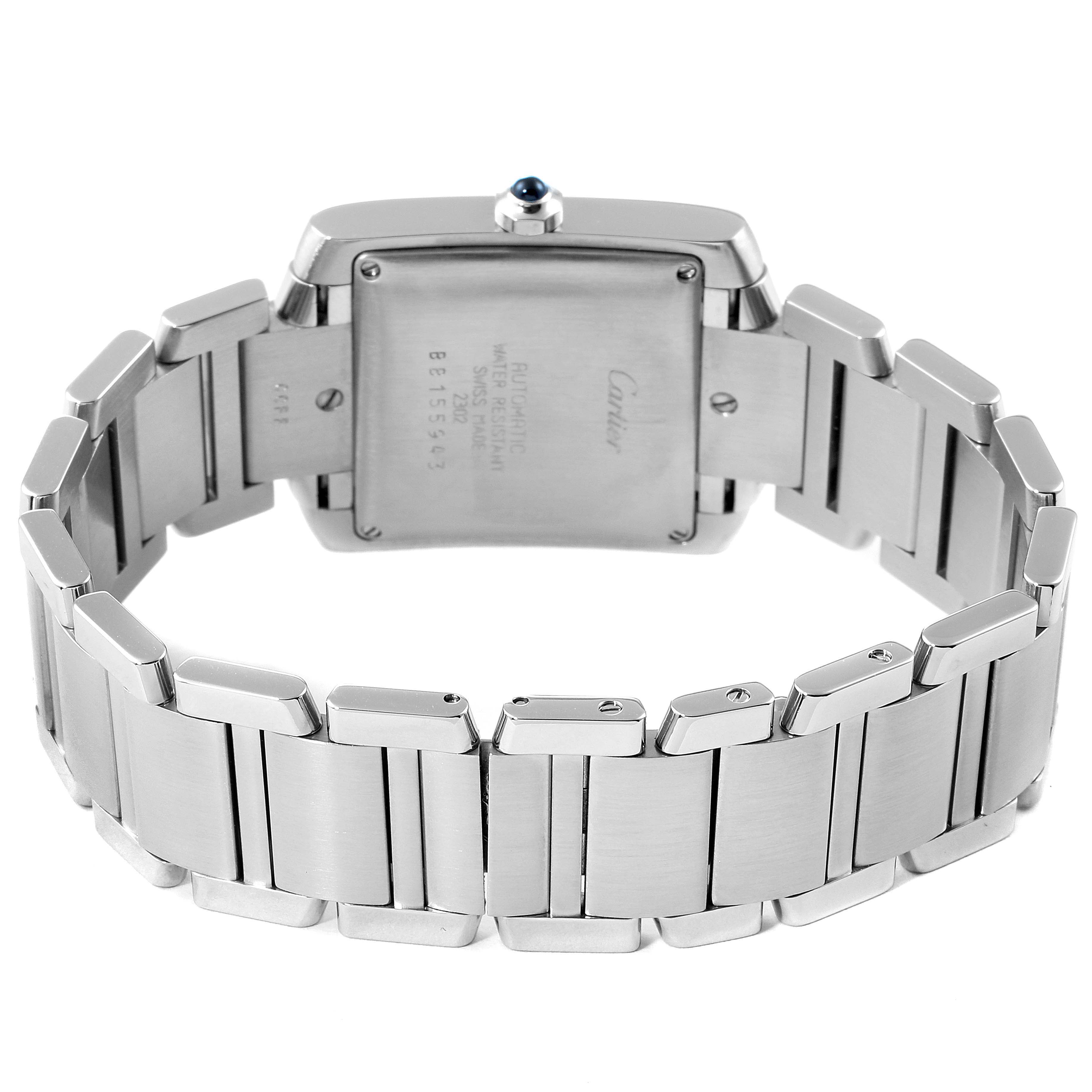 The image shows the back view of the Cartier Tank Française watch, highlighting the clasp and bracelet.