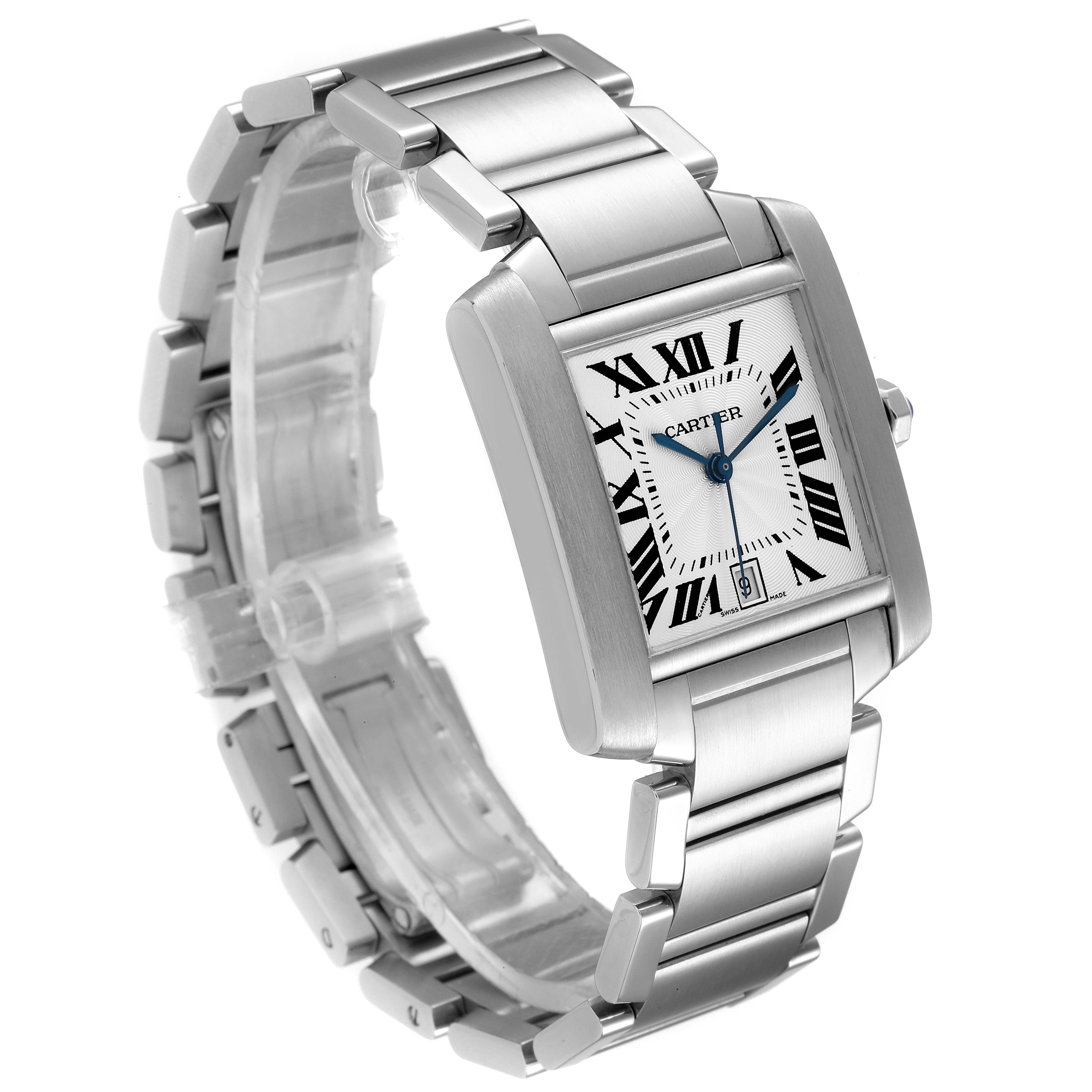 The image shows a Cartier Tank Francaise W51002Q3 Men's Stainless Steel Silver Dial W51002Q3 Men's Stainless Steel Silver Dial watch at a three-quarter angle, highlighting the bracelet, case, and dial.