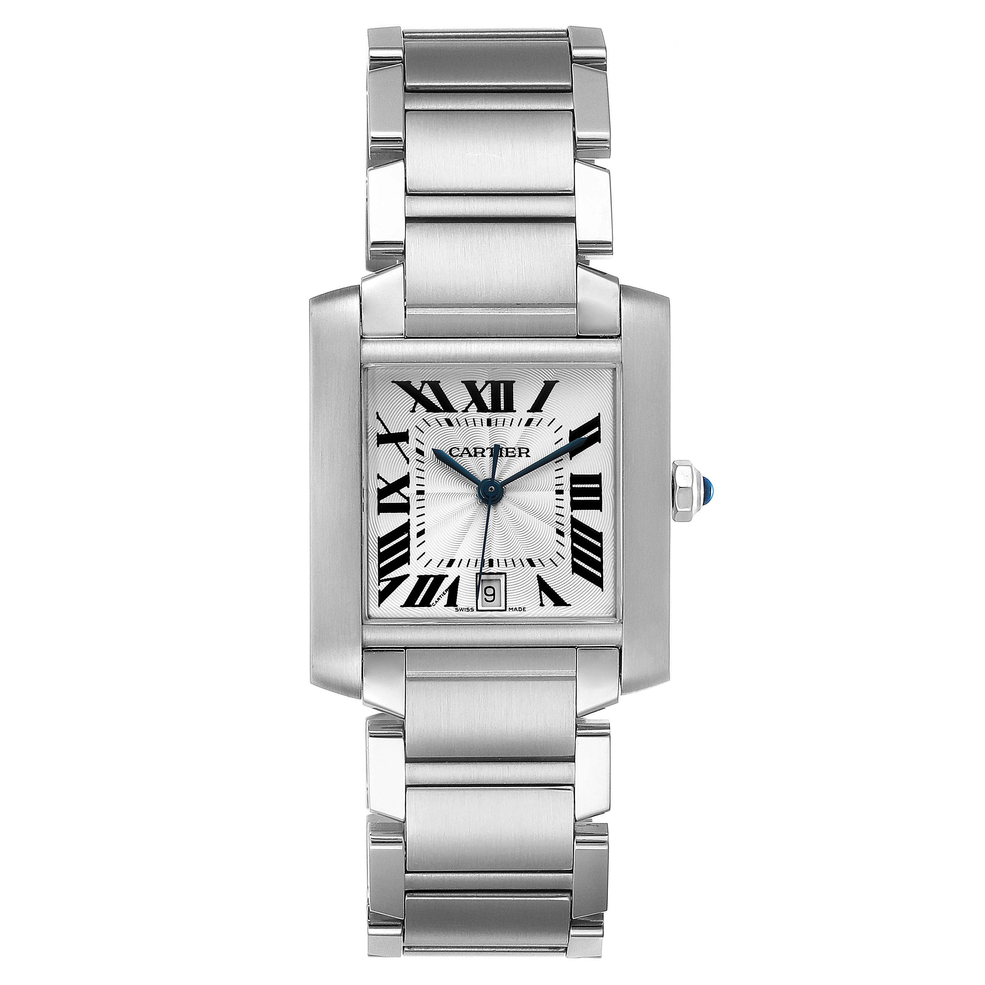The image shows a frontal view of the Cartier Tank Française watch, displaying its face, bracelet, and crown.