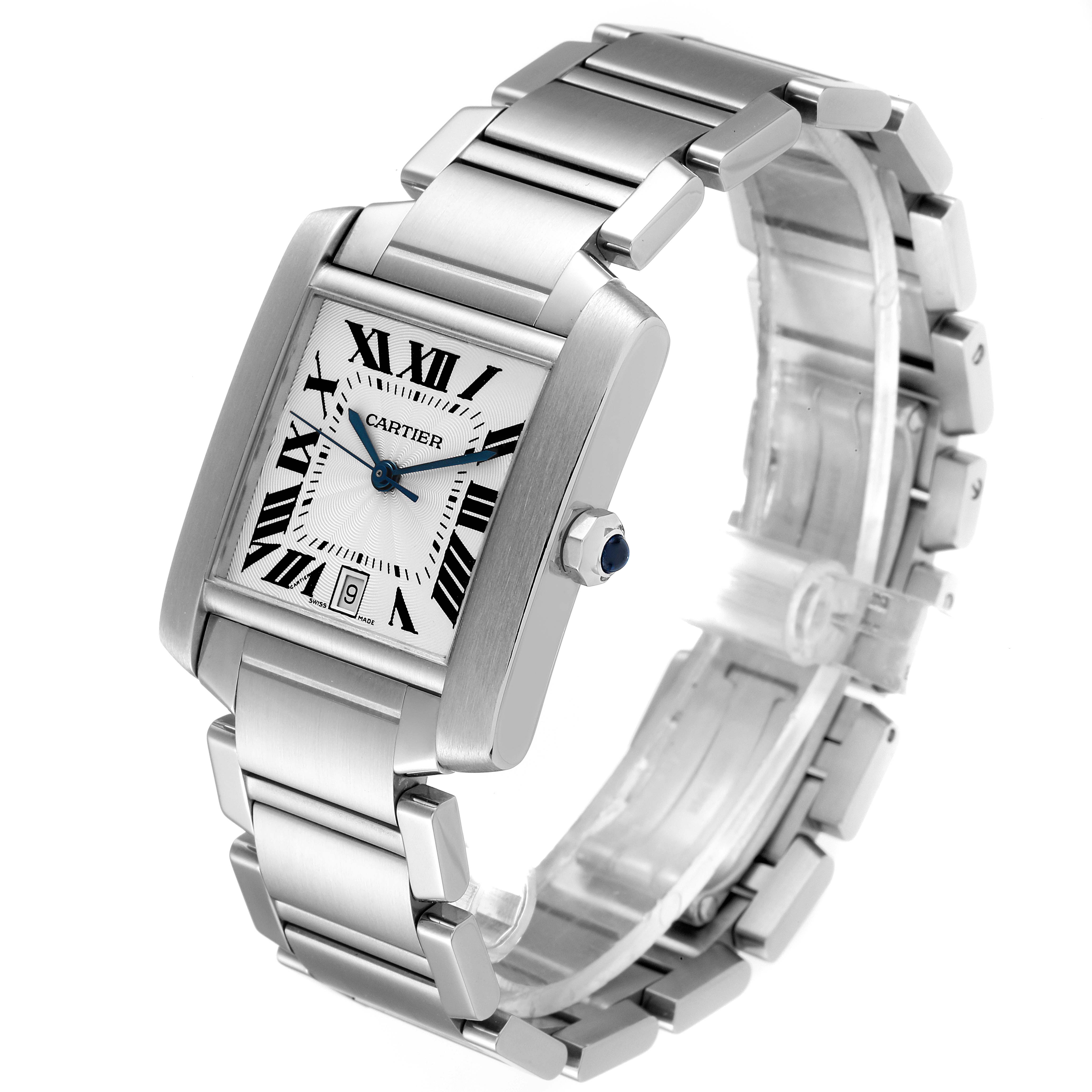 The image shows a Cartier Tank Francaise W51002Q3 Men's Stainless Steel Silver Dial W51002Q3 Men's Stainless Steel Silver Dial watch at a three-quarter angle highlighting the face, bracelet, and crown.