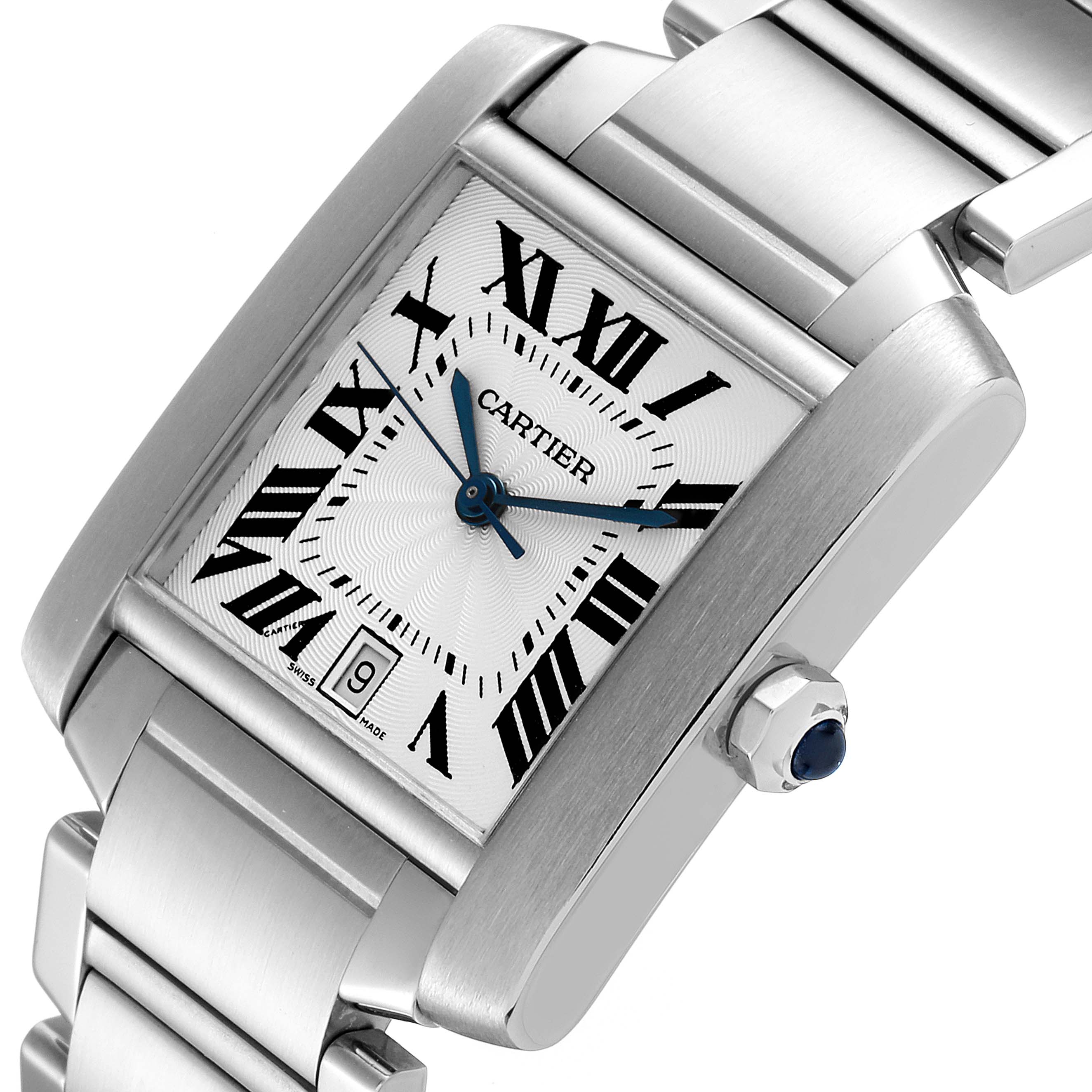 This image shows a close-up of the Cartier Tank Française, displaying the dial, hands, crown, and a part of the metal bracelet.