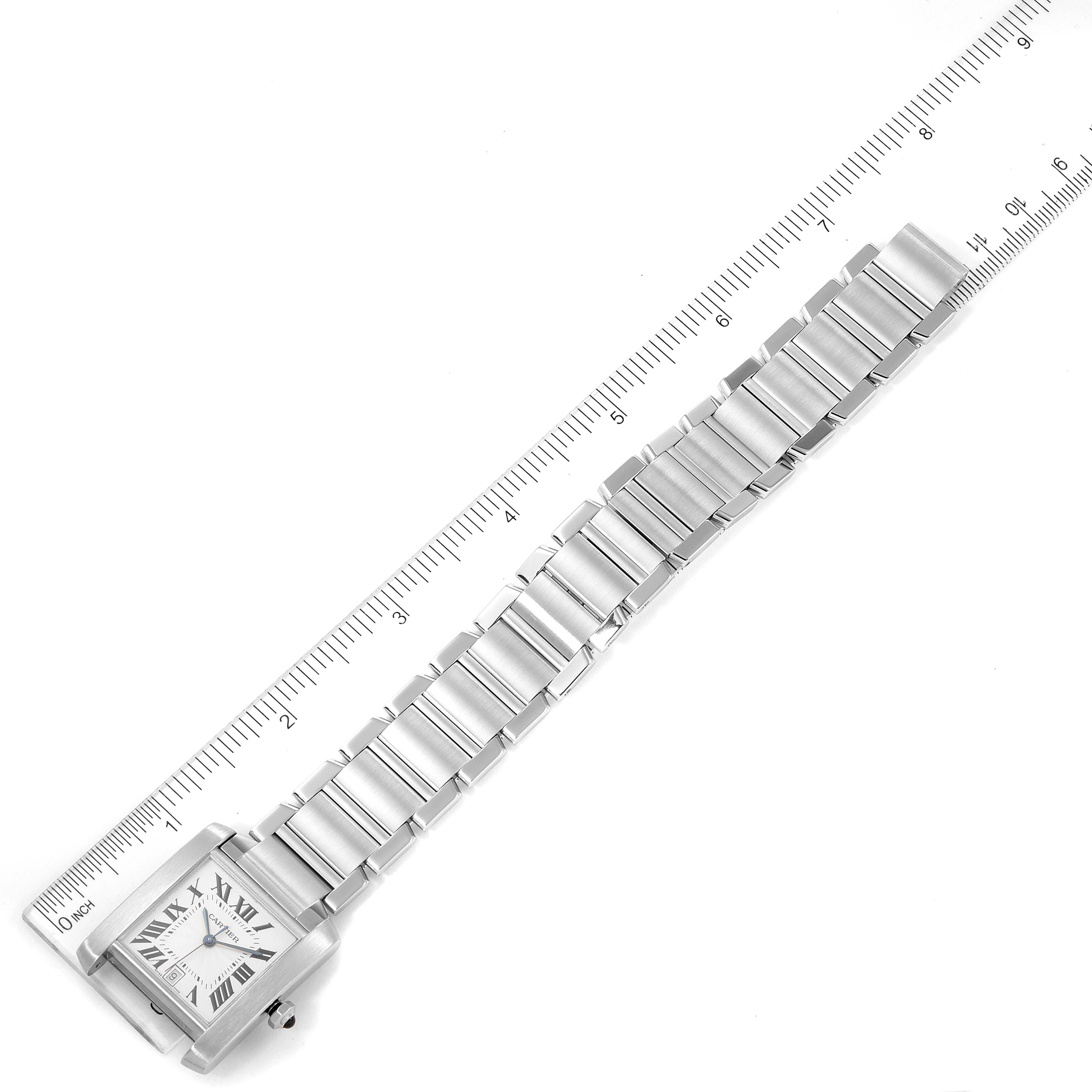 The Cartier Tank Francaise W51002Q3 Men's Stainless Steel Silver Dial W51002Q3 Men's Stainless Steel Silver Dial watch is shown from an overhead angle, highlighting its face and metal link bracelet.