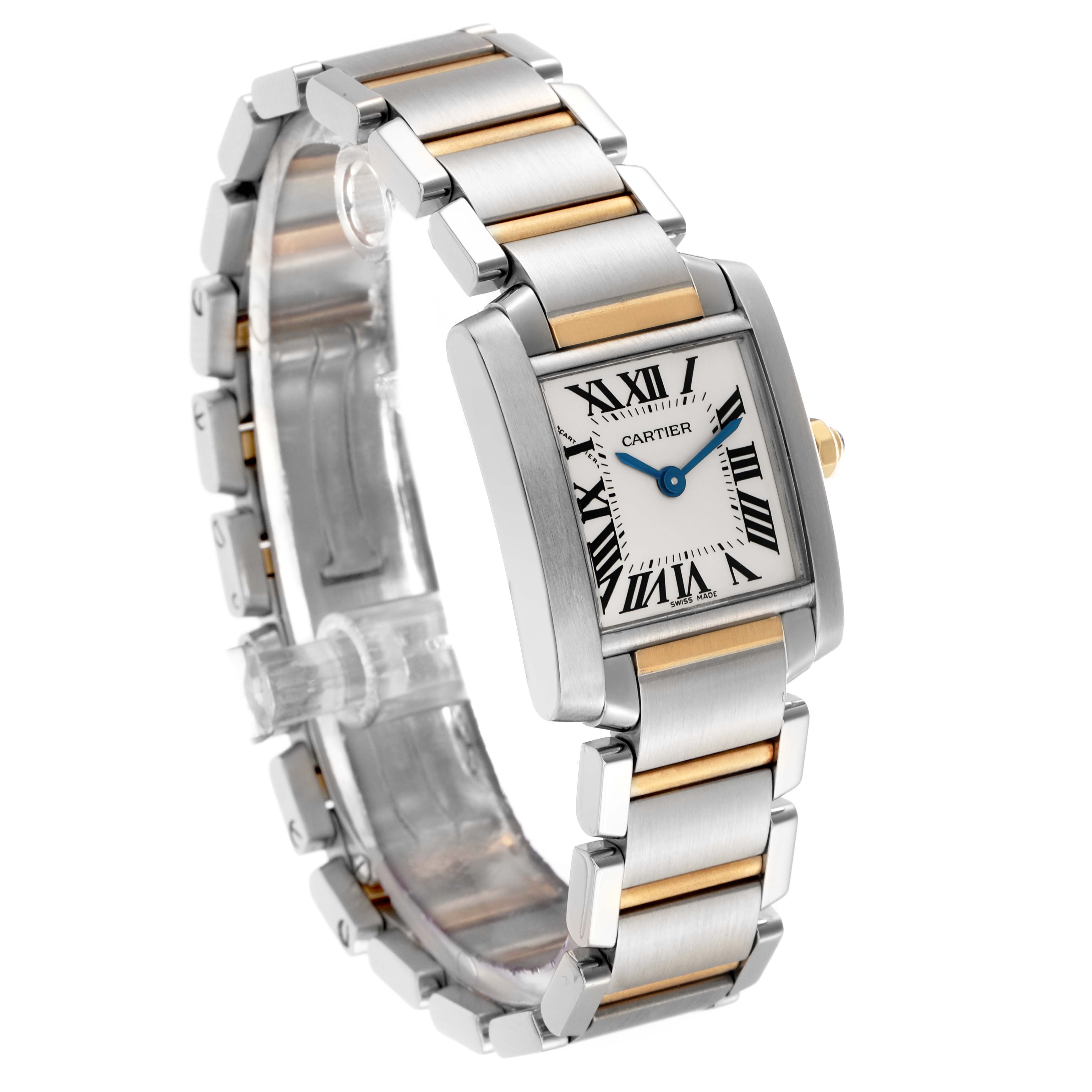The Cartier Tank Française W51007Q4 men's watch is shown at a three-quarter angle, highlighting its rectangular face, Roman numeral dial, and two-tone metal bracelet.