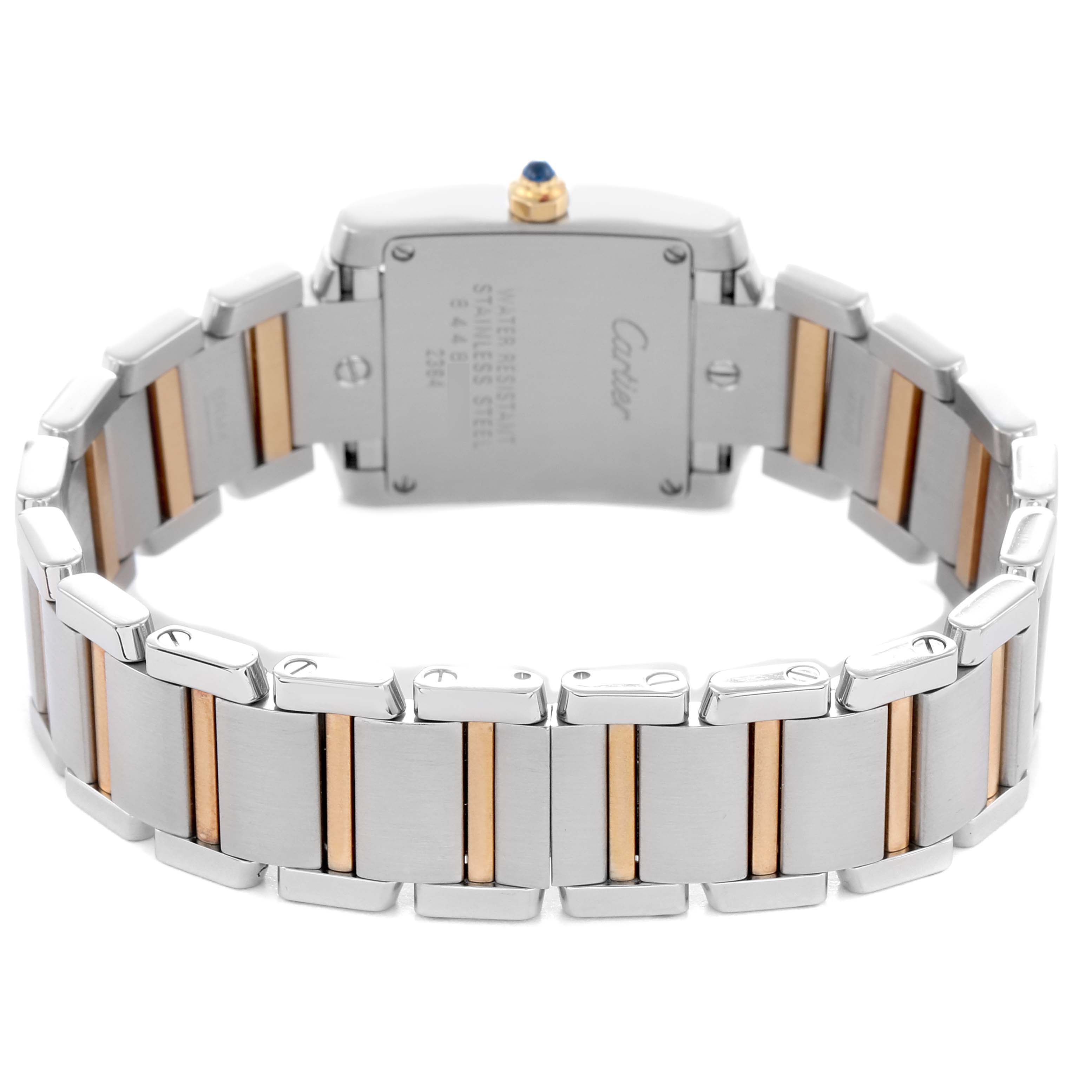 The image shows the back view of a Cartier Tank Francaise W51007Q4 men's watch, highlighting the bracelet and case back details.
