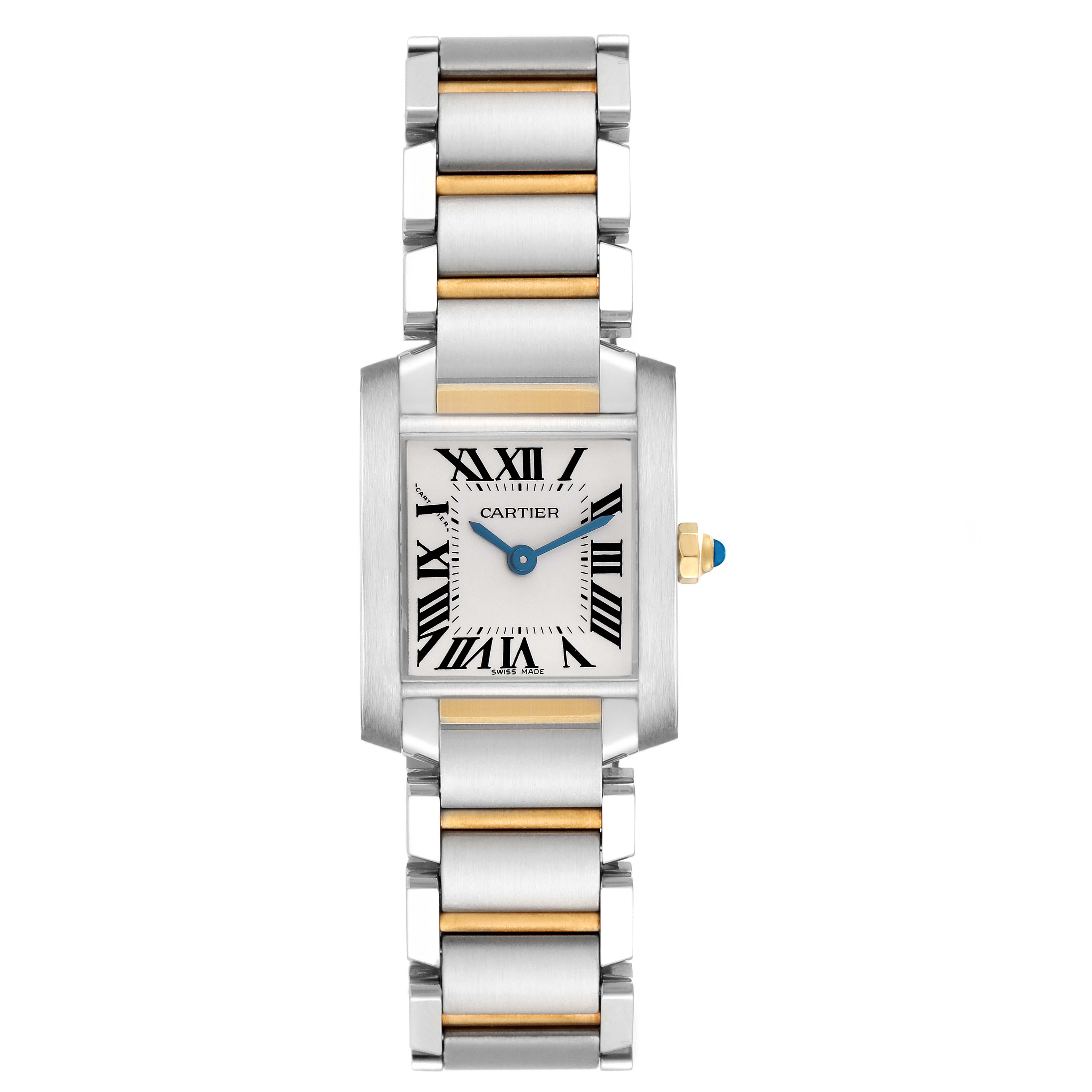 The image shows a front view of the Cartier Tank Française model, model number W51007Q4, highlighting its rectangular face and metal bracelet.