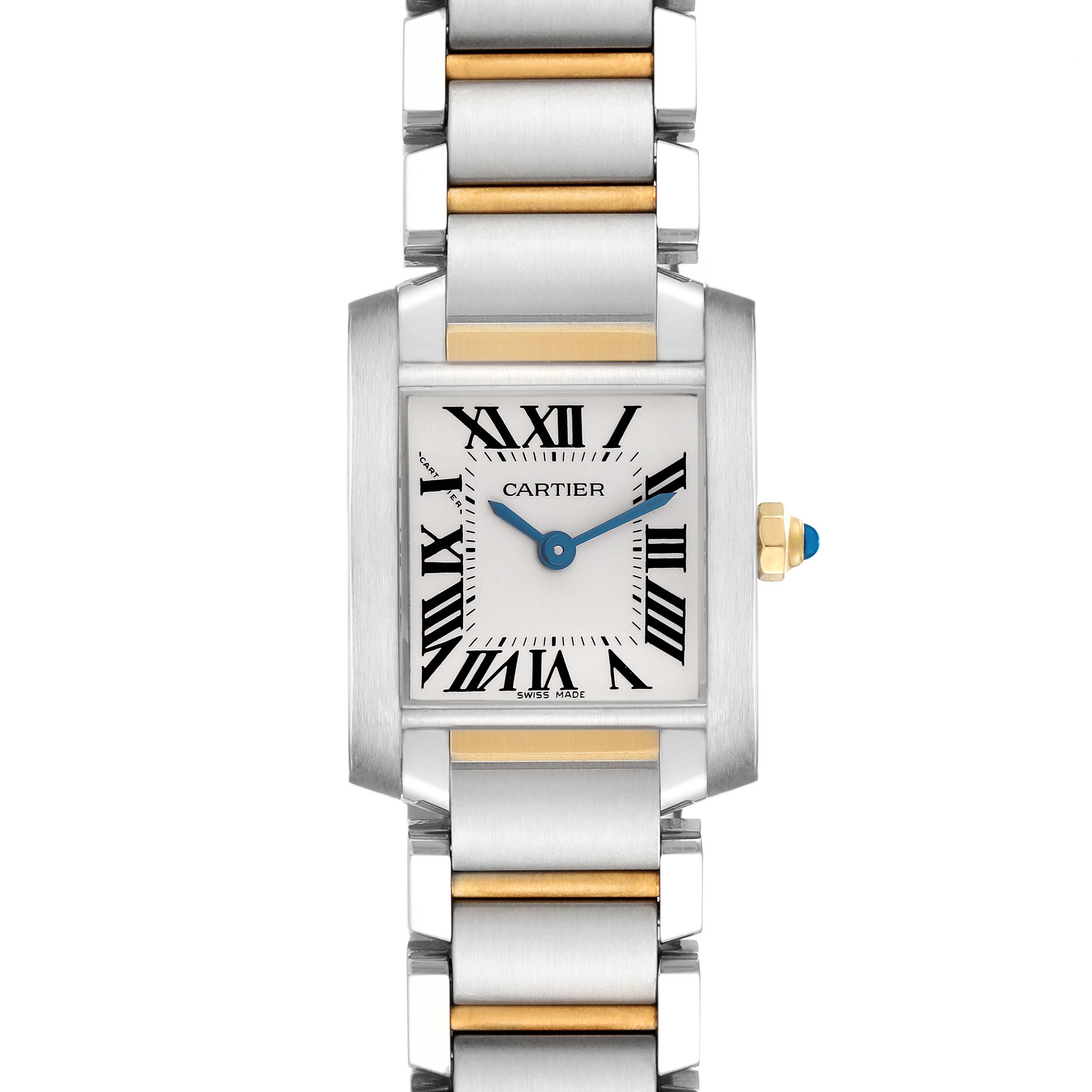 The Cartier Tank Francaise model W51007Q4 men's watch is shown from the front, highlighting the rectangular face, Roman numerals, and two-tone metal bracelet.