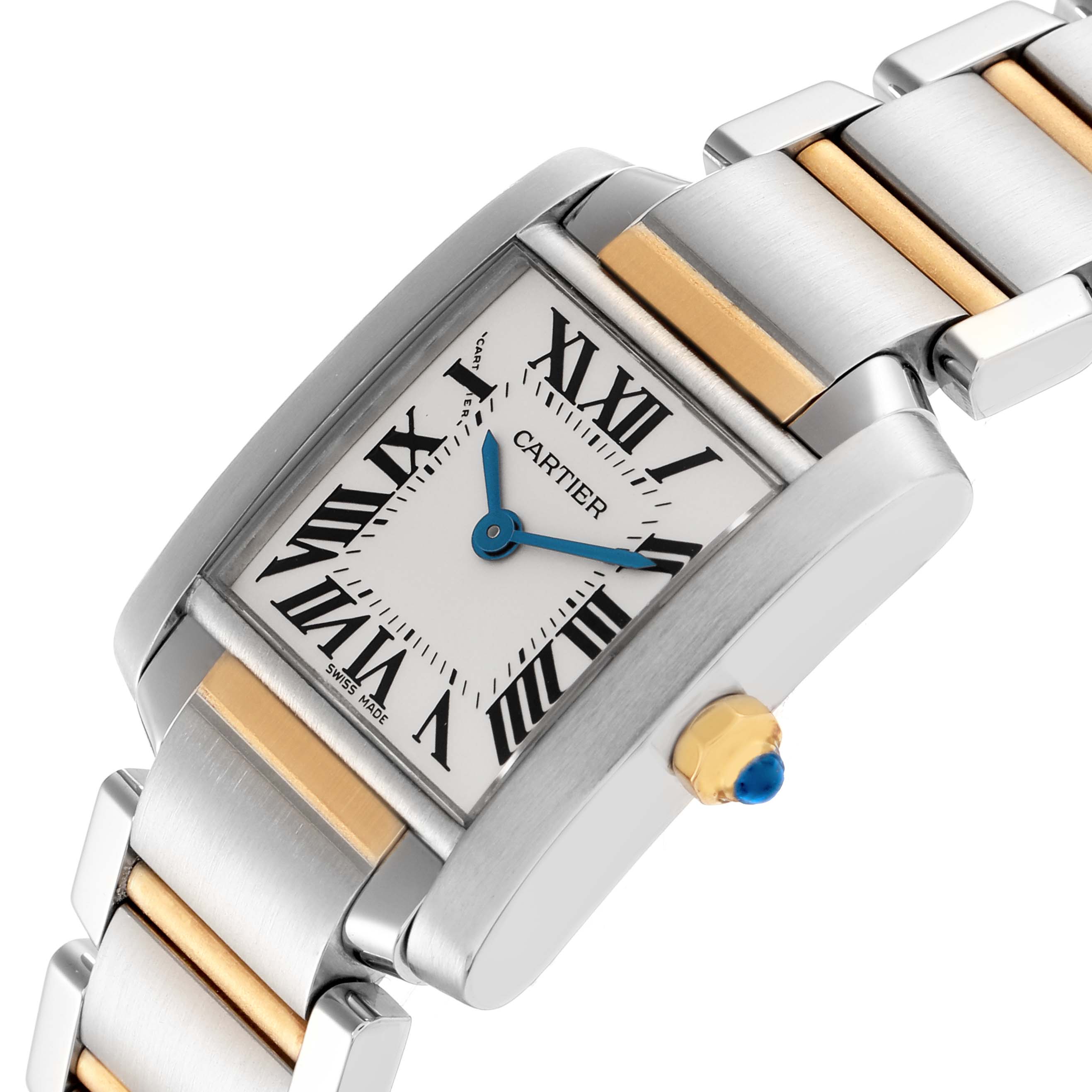 The Cartier Tank Francaise model W51007Q4 is shown at a tilted angle, highlighting its dial, Roman numerals, blue hands, crown, and part of the two-tone bracelet.