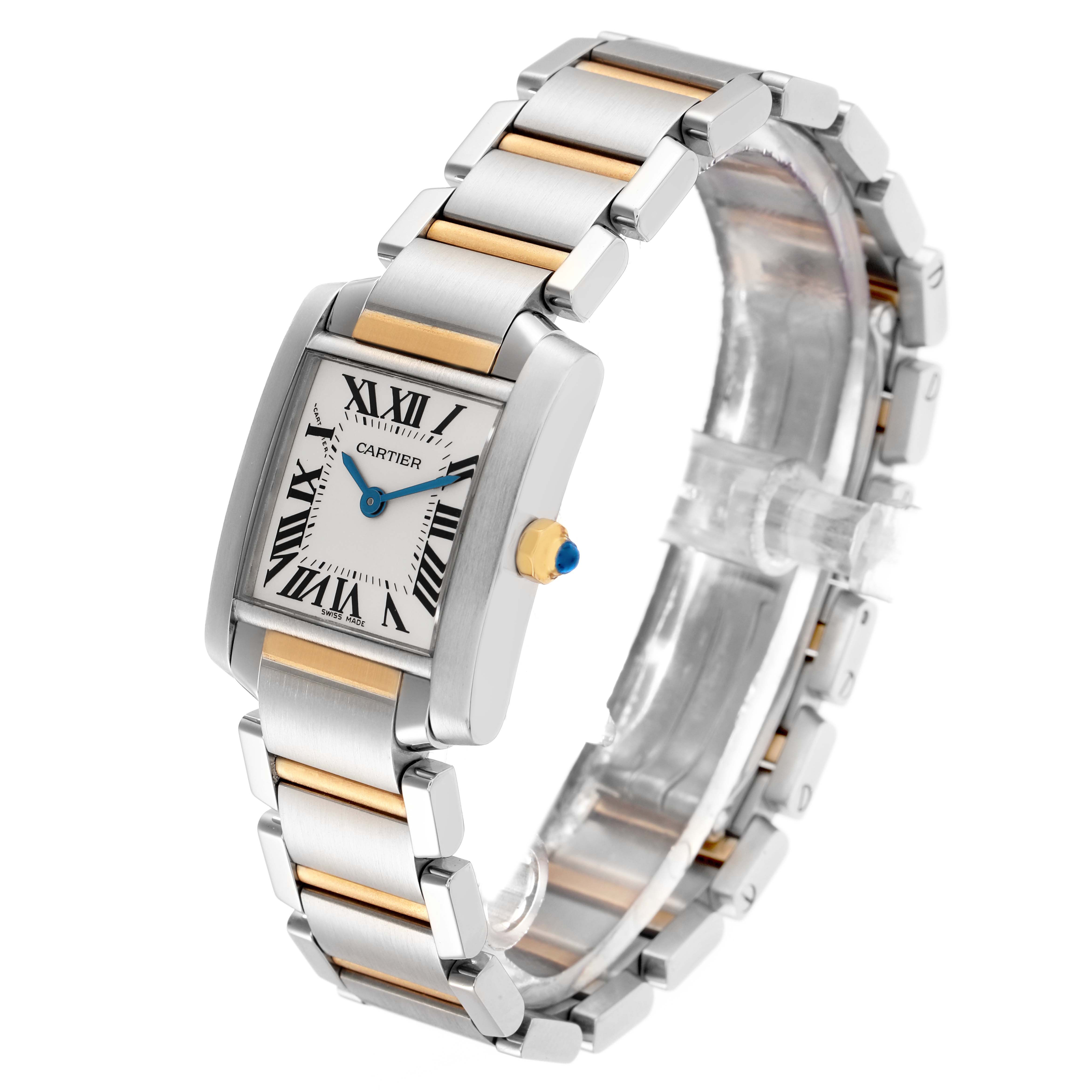The image shows a Cartier Tank Francaise model W51007Q4 men's watch at a three-quarter angle, highlighting its rectangular face, Roman numerals, and two-tone bracelet.