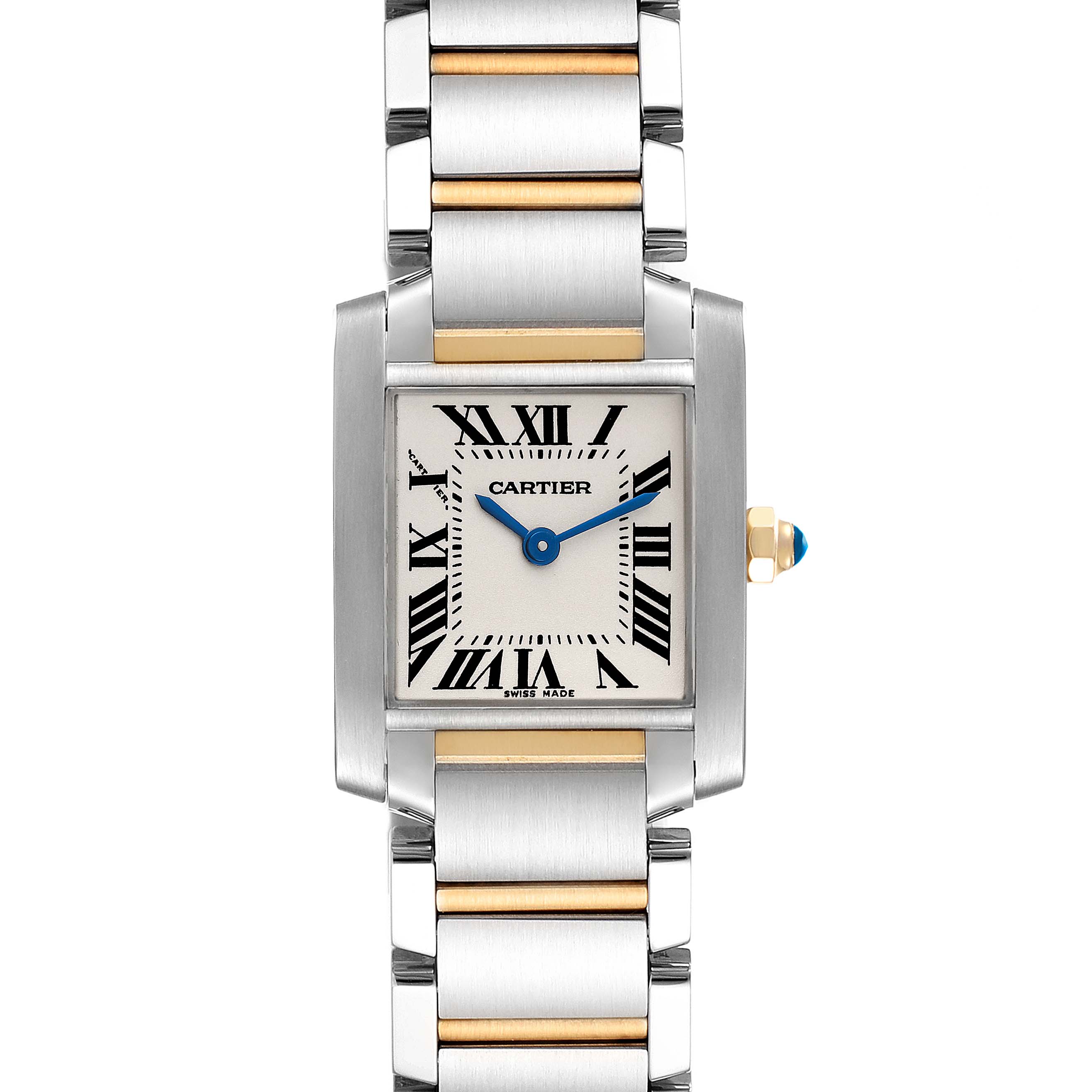 The image shows a Cartier Tank Francaise W51007Q4 Women's Steel and Gold (two tone) Silver Dial W51007Q4 Women's Steel and Gold (two tone) Silver Dial model watch from a frontal angle, highlighting the rectangular dial and two-tone bracelet.