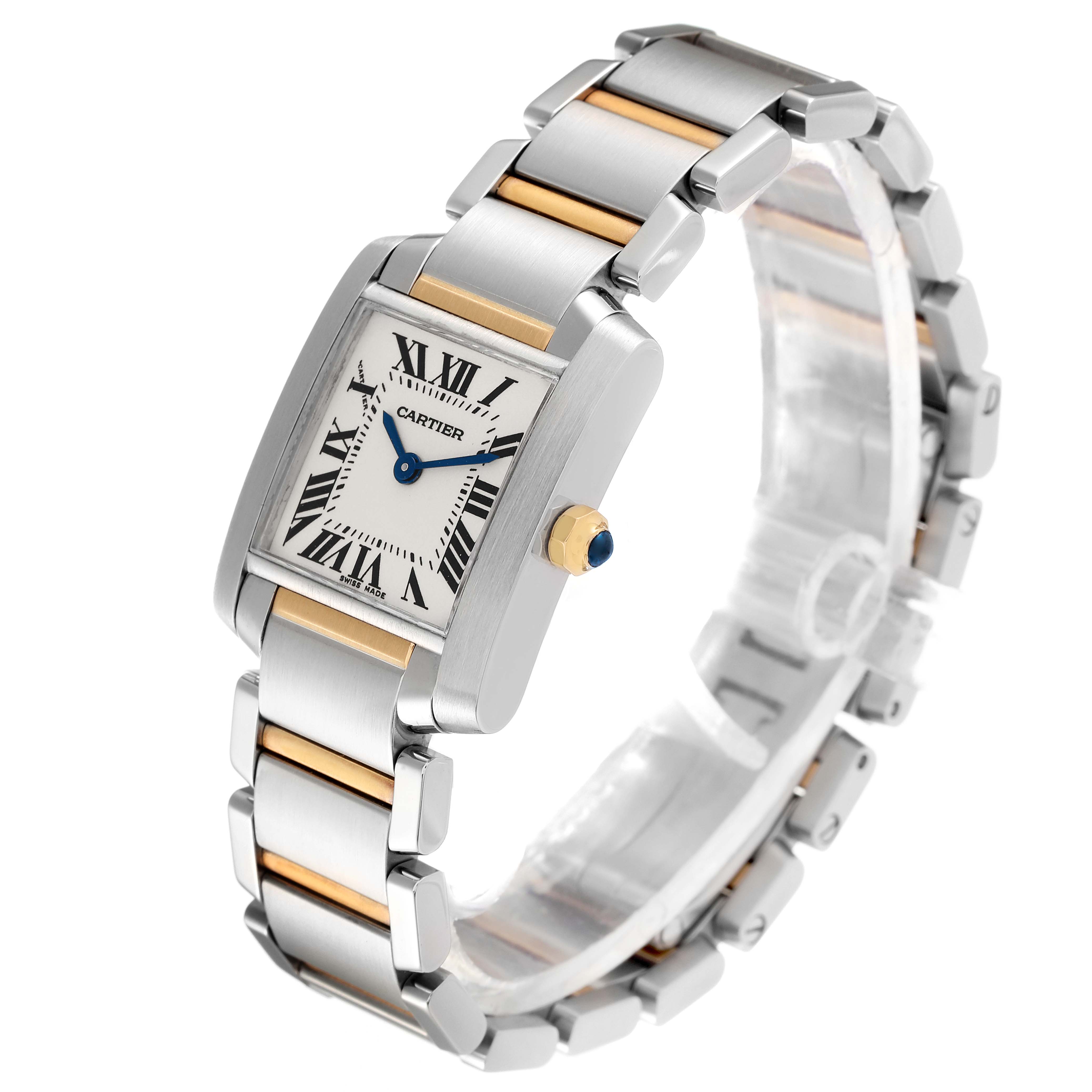 The image shows a Cartier Tank Française watch at a three-quarter angle, highlighting the face, crown, and bracelet.