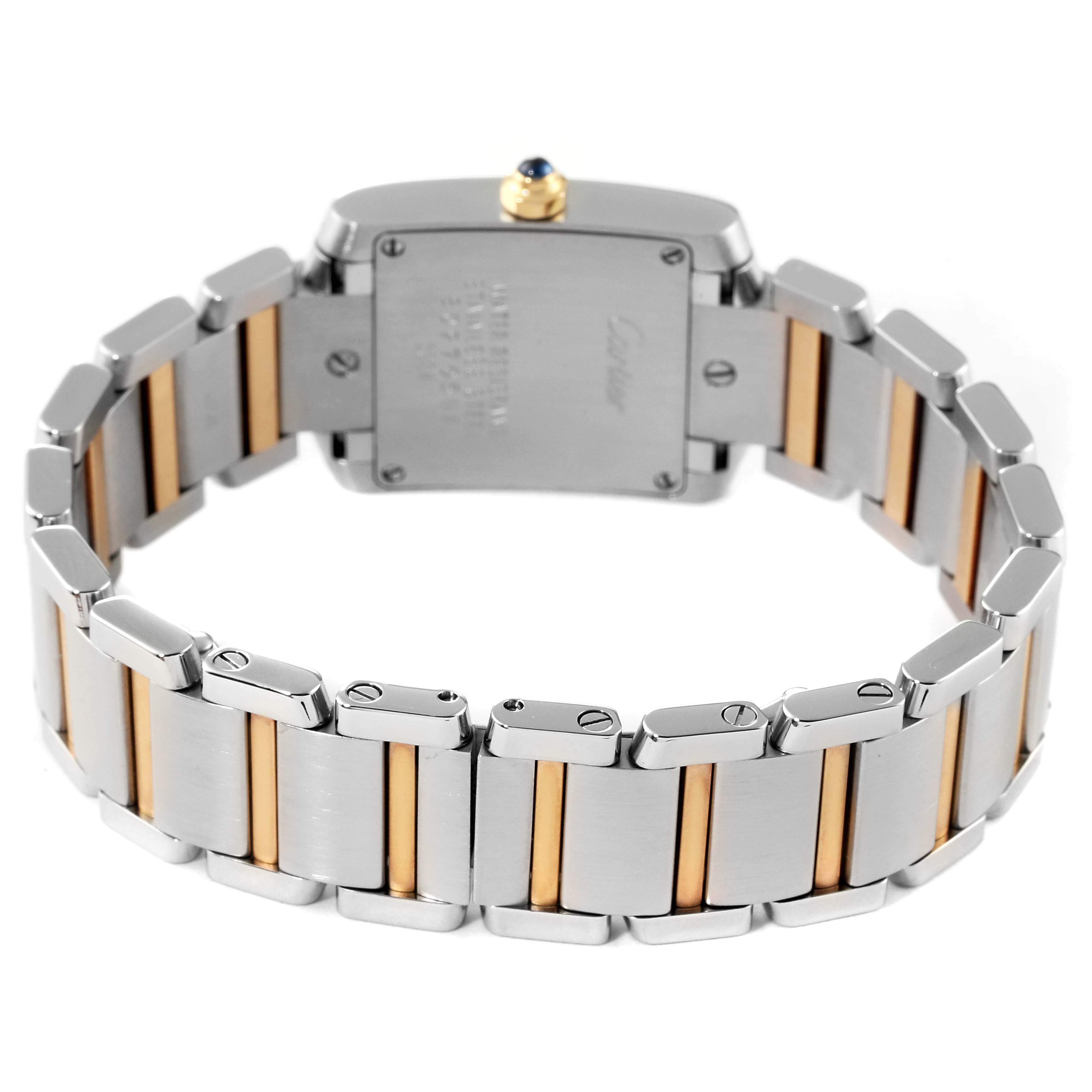 This image shows the back view of a Cartier Tank Francaise W51007Q4 Women's Steel and Gold (two tone) Silver Dial W51007Q4 Women's Steel and Gold (two tone) Silver Dial watch, highlighting its stainless steel and gold bracelet.