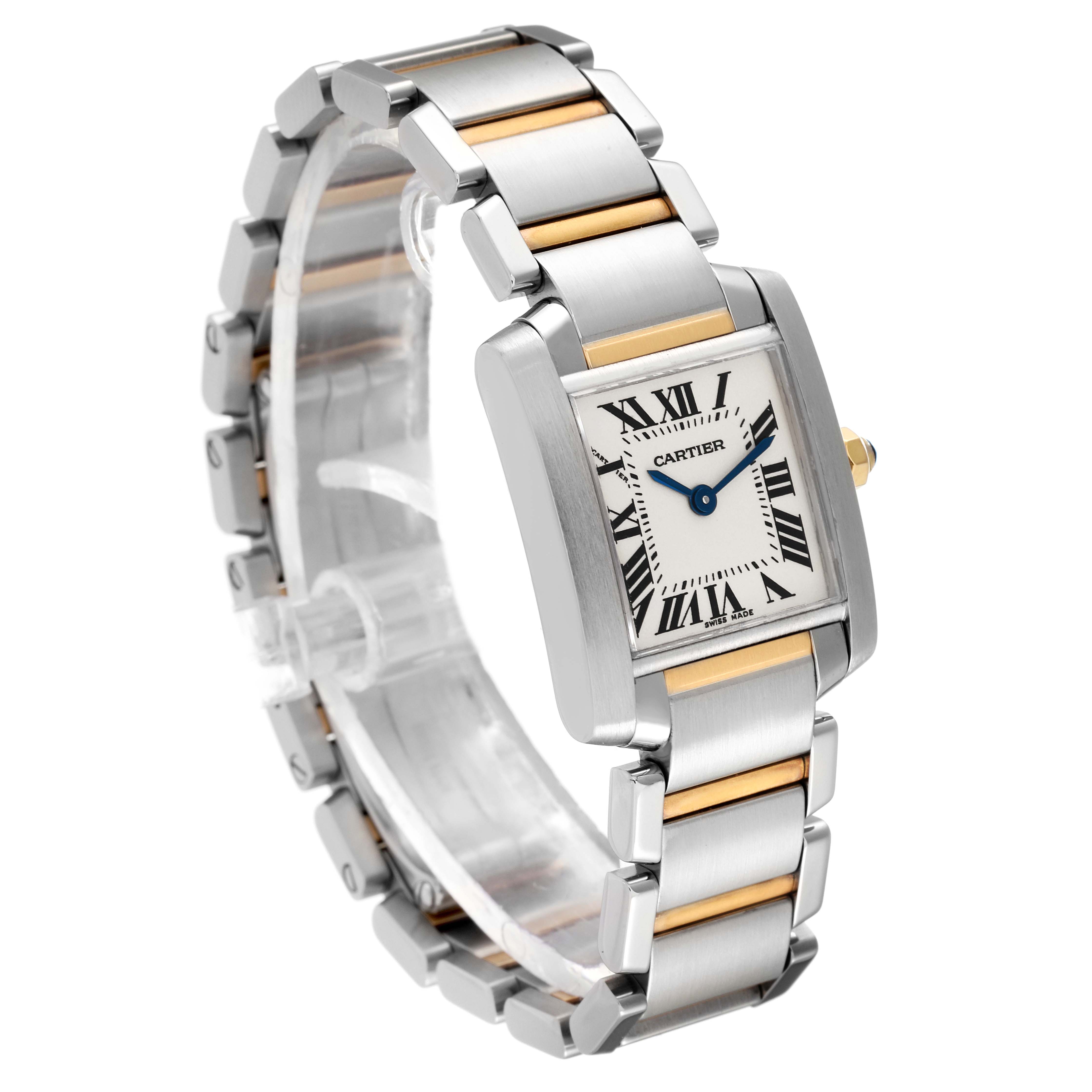The image shows a Cartier Tank Francaise W51007Q4 Women's Steel and Gold (two tone) Silver Dial W51007Q4 Women's Steel and Gold (two tone) Silver Dial watch at a slight angle, highlighting the face, case, and part of the bracelet.