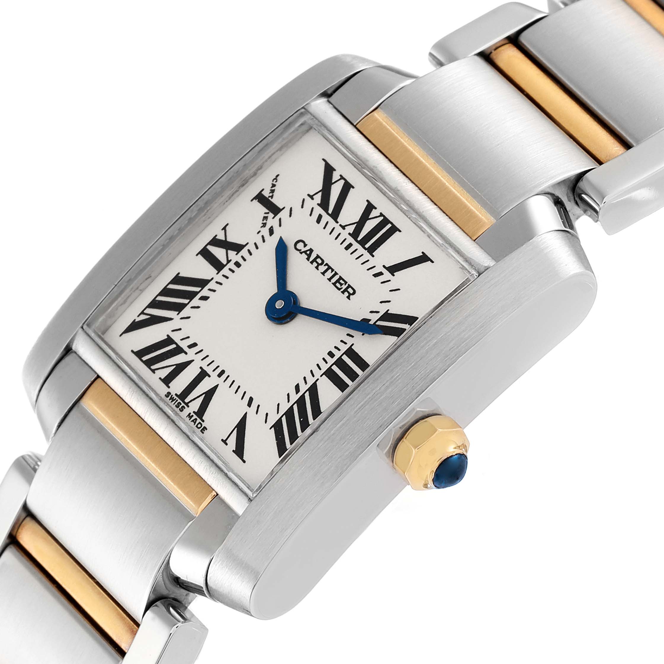 This image shows a close-up of the Cartier Tank Francaise W51007Q4 Women's Steel and Gold (two tone) Silver Dial W51007Q4 Women's Steel and Gold (two tone) Silver Dial watch face and part of the bracelet.