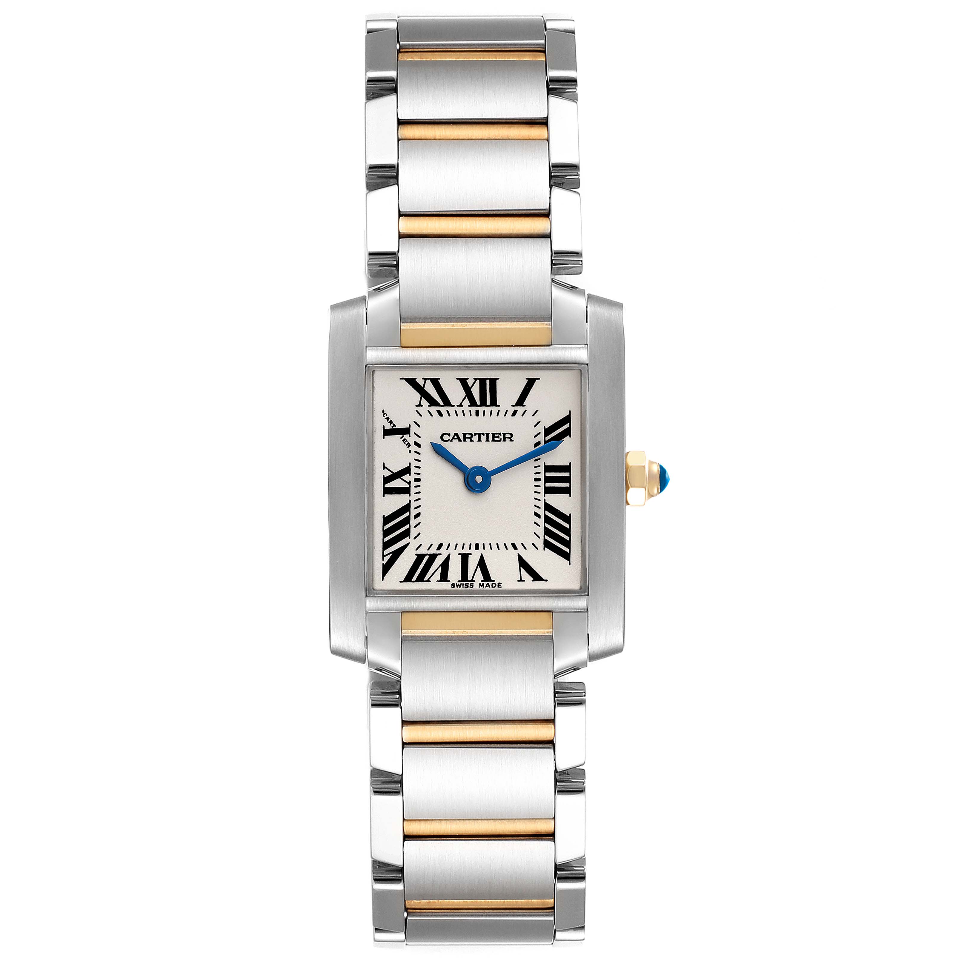 This is a front view of the Cartier Tank Francaise W51007Q4 Women's Steel and Gold (two tone) Silver Dial W51007Q4 Women's Steel and Gold (two tone) Silver Dial watch, showing the face, bracelet, and crown.