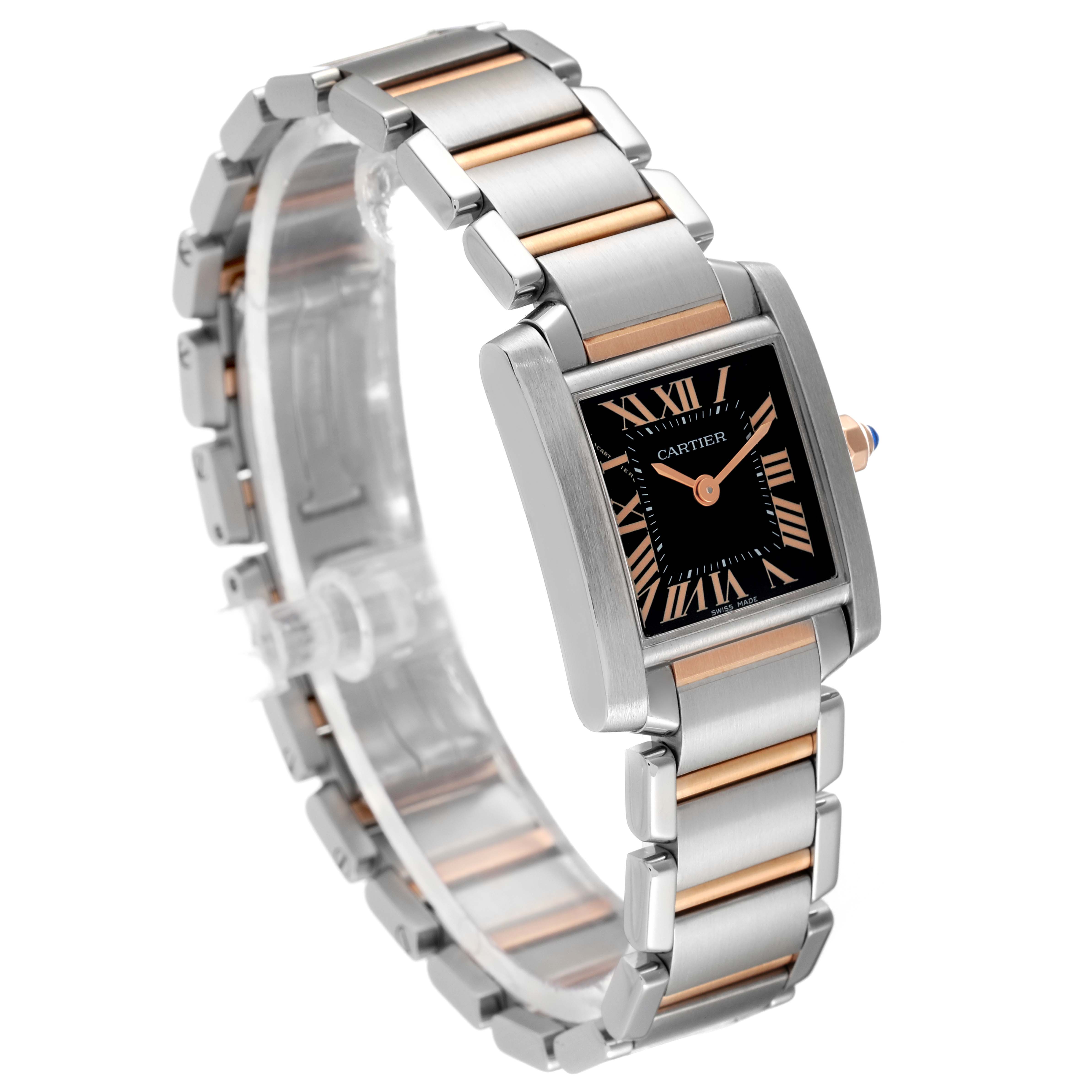 The watch is shown at an angled perspective, highlighting the face, bracelet, and crown of the Cartier Tank Francaise W5010001 Women
s Steel and Gold (two tone) Black Dial W5010001 Women
s Steel and Gold (two tone) Black Dial model.
