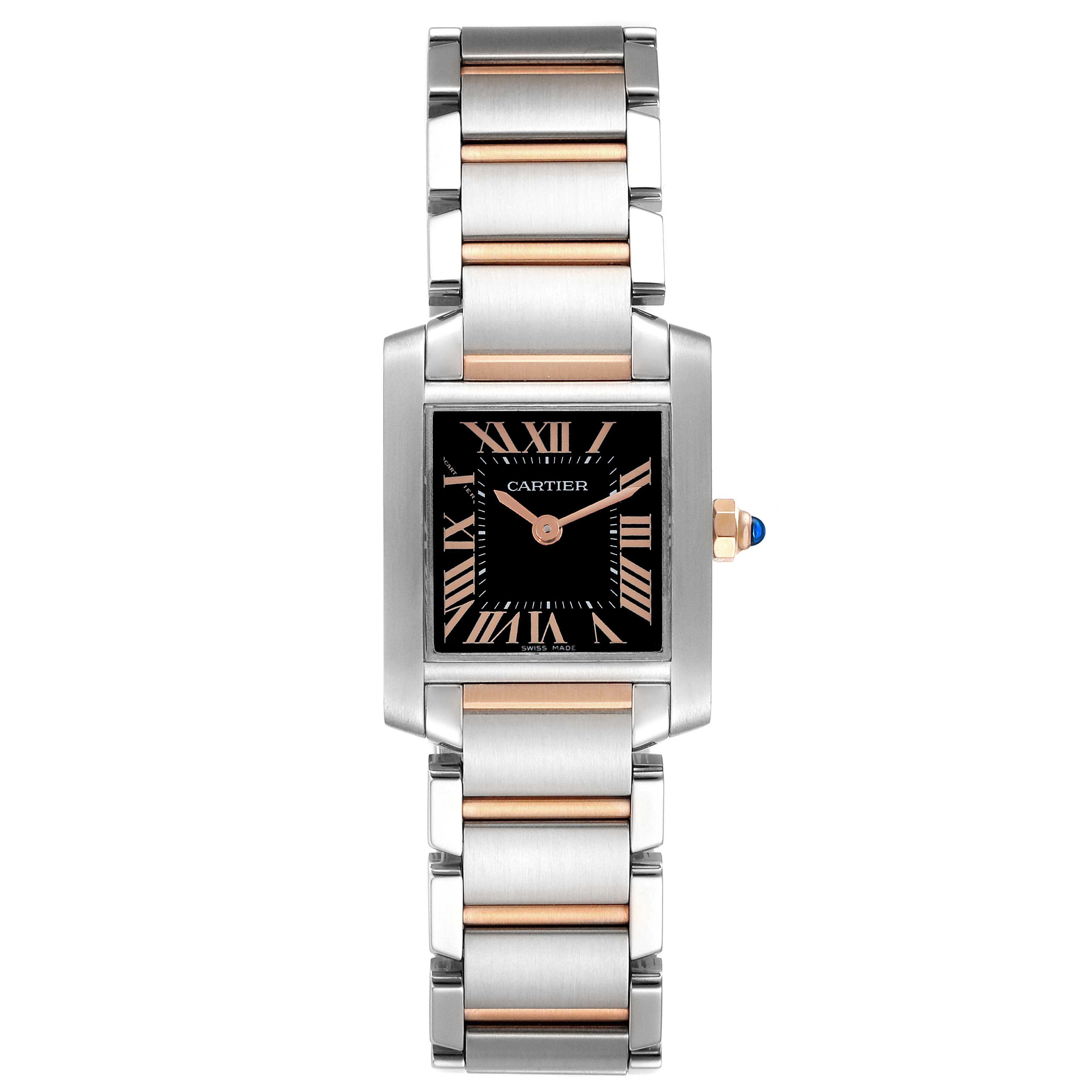 This image shows a front view of the Cartier Tank Francaise W5010001 Women
s Steel and Gold (two tone) Black Dial W5010001 Women
s Steel and Gold (two tone) Black Dial watch, highlighting its rectangular face and metal bracelet.
