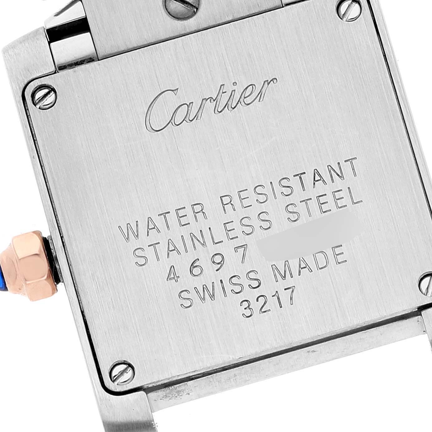 This image shows the back of a Cartier Tank Française watch, detailing its water resistance and stainless steel case.