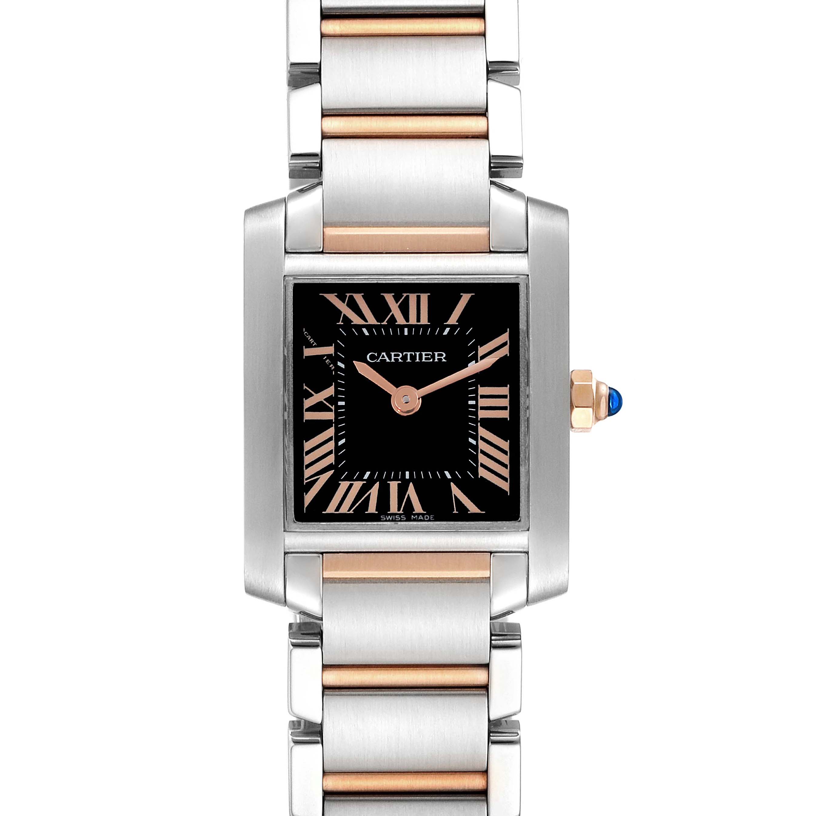 The image shows a front view of a Cartier Tank Française watch displaying its black dial, Roman numerals, and two-tone metal bracelet.