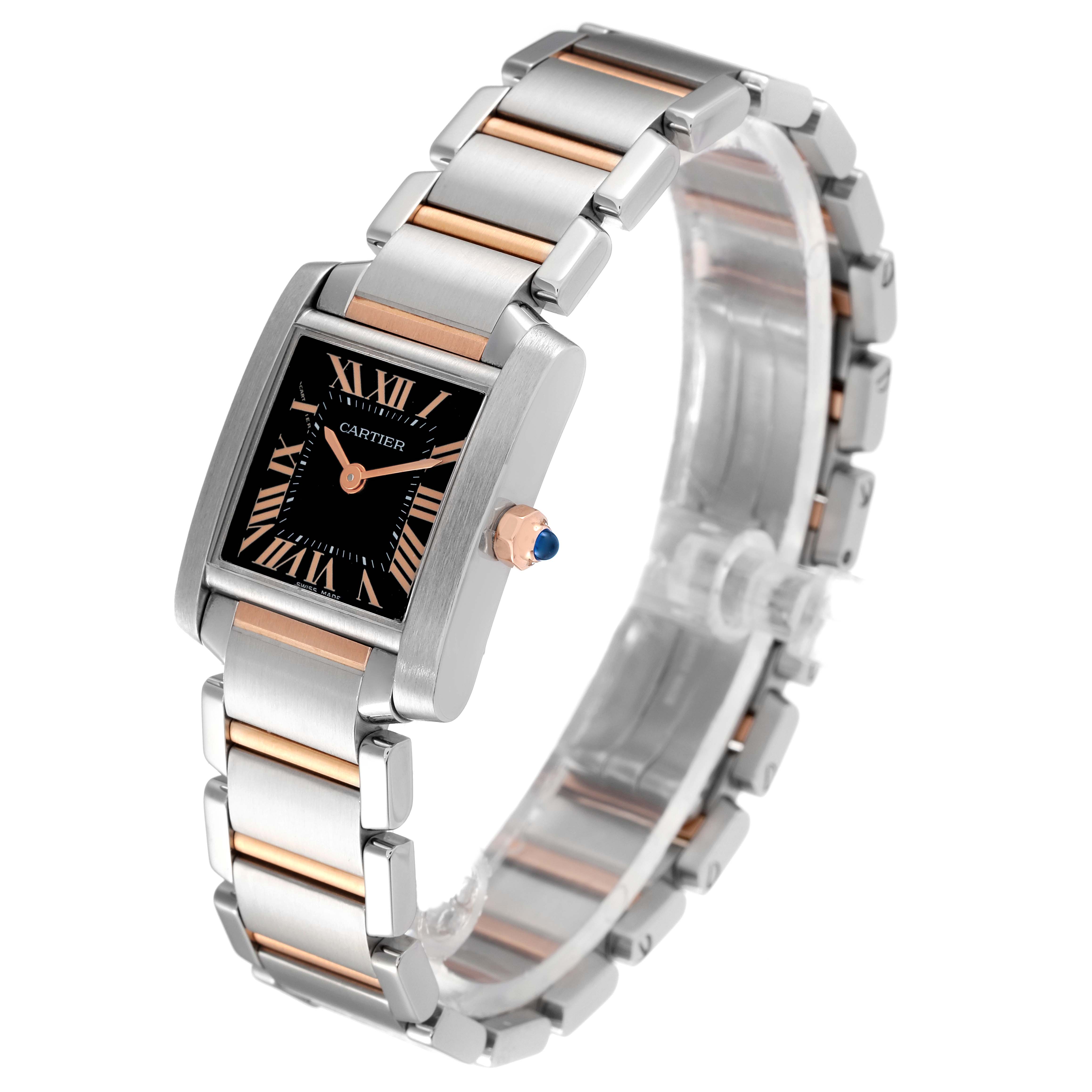 The Tank Francaise by Cartier is shown at a 3/4 angle, highlighting the face, crown, and metal bracelet with gold accents.