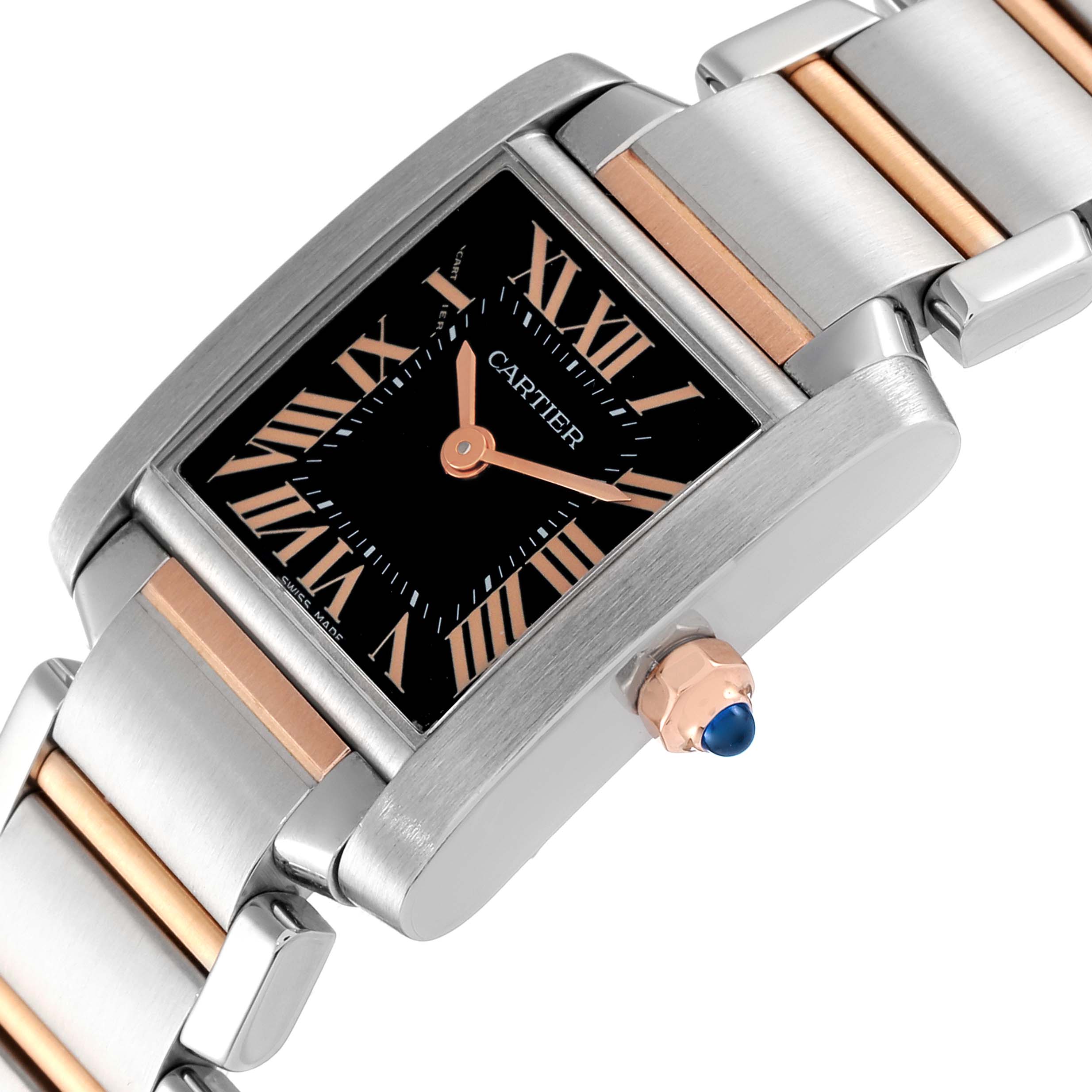 This image shows a Cartier Tank Française watch from an angled view, highlighting the face, crown, and two-tone bracelet.