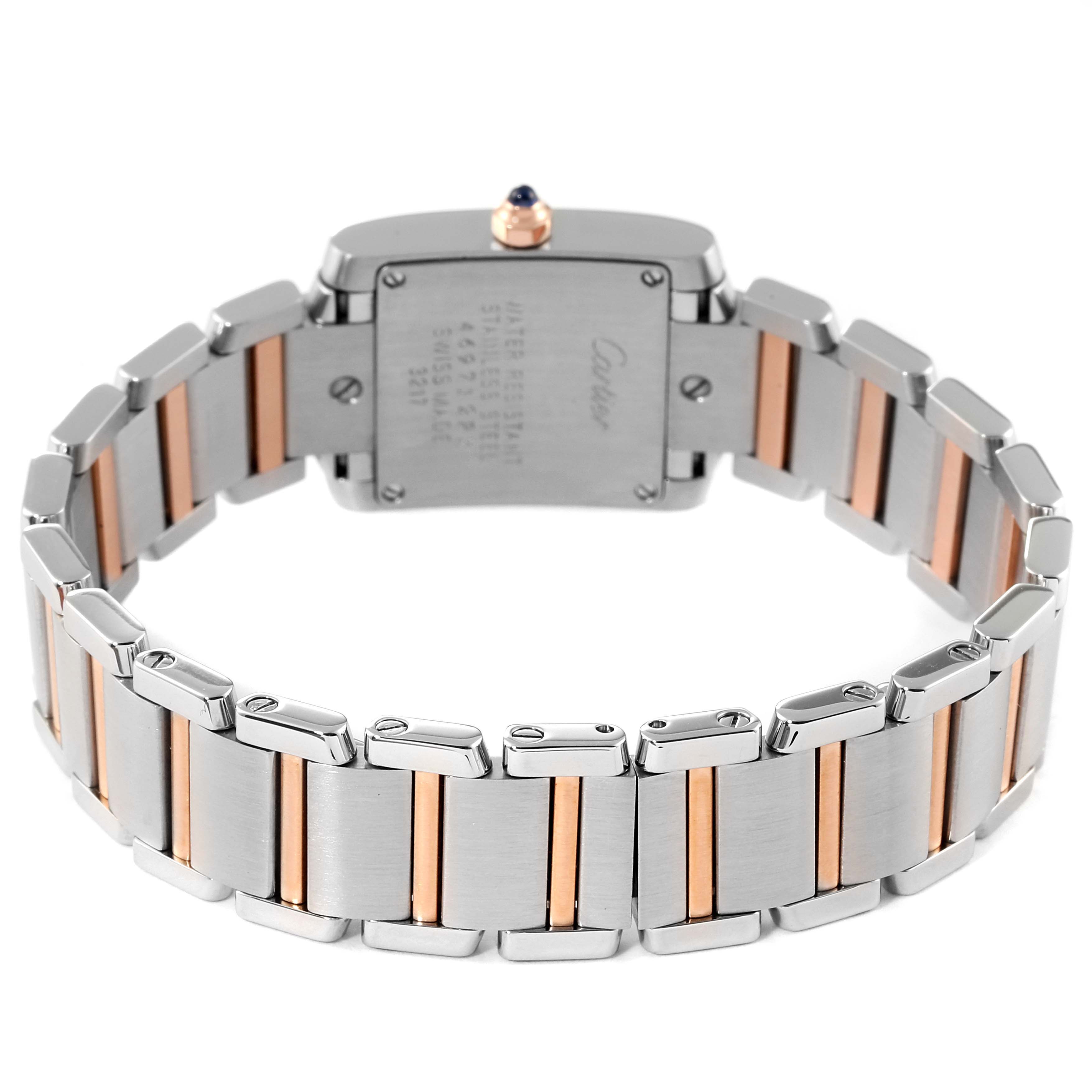 The image shows the back and bracelet of a Cartier Tank Française watch, featuring a two-tone metal design.