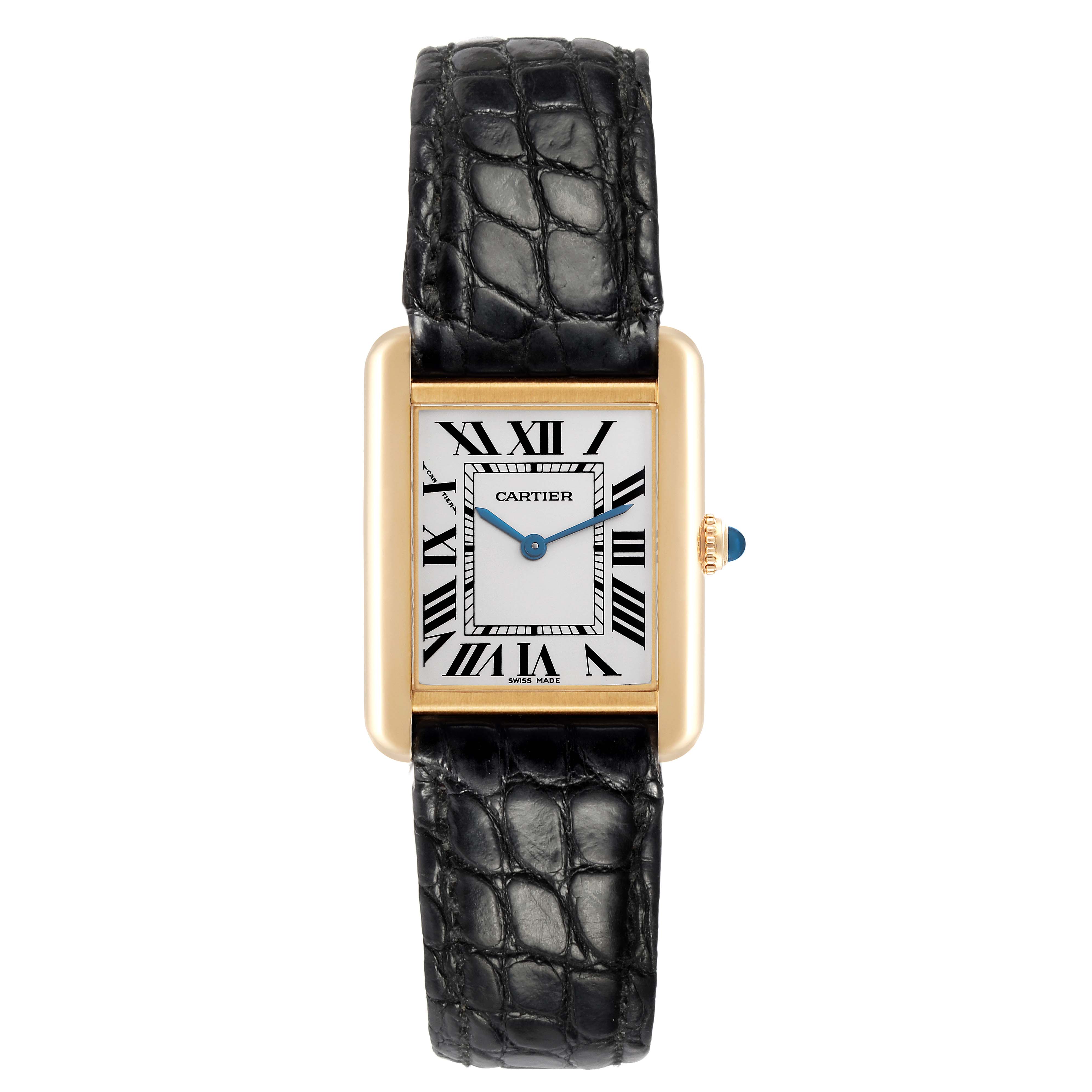 The Cartier Tank Solo model W1018755 men's watch is shown from a top view, featuring a rectangular gold case, Roman numeral dial, and black leather strap.