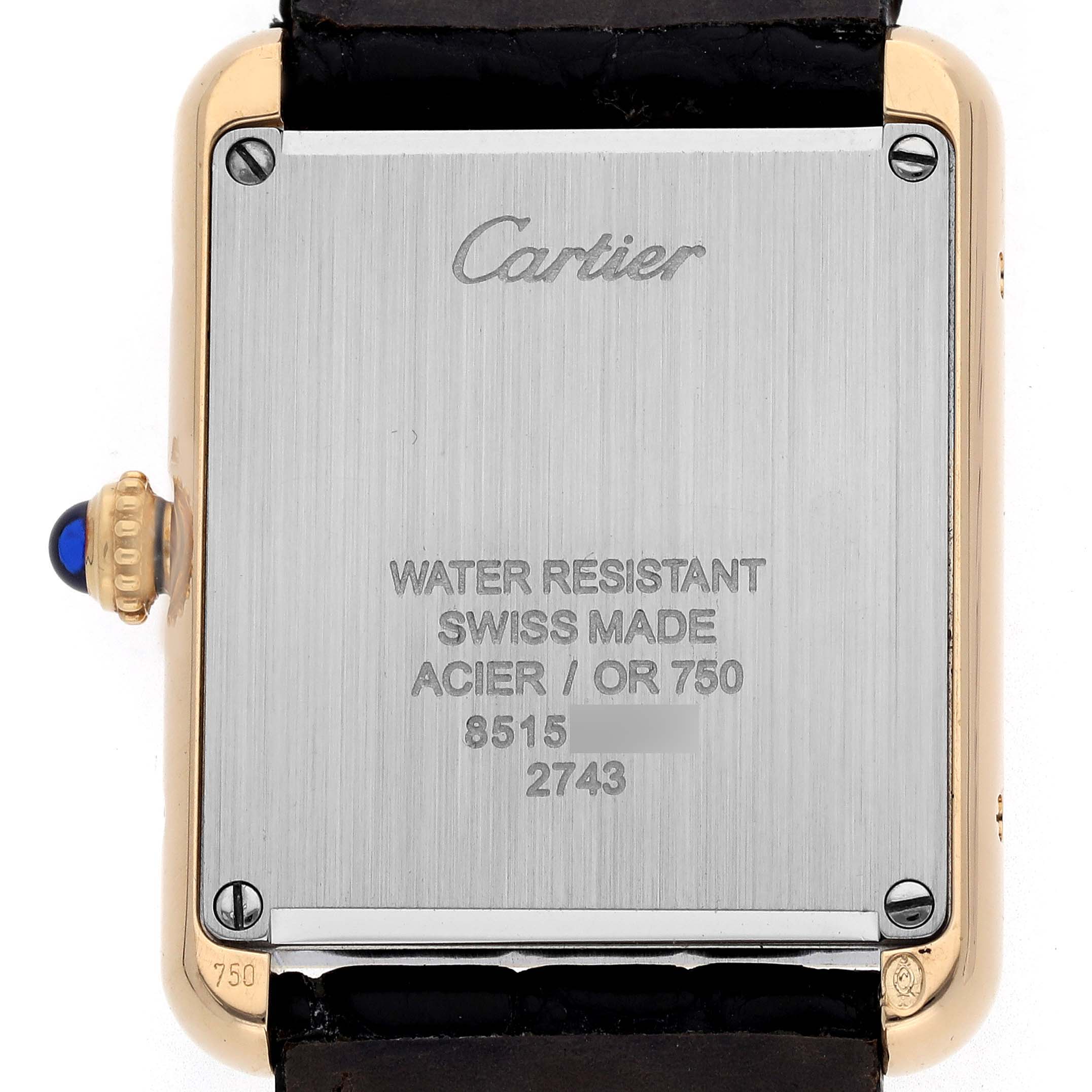 The image shows the back of the Cartier Tank Solo model W1018755, highlighting the case back, screws, crown, and part of the strap.