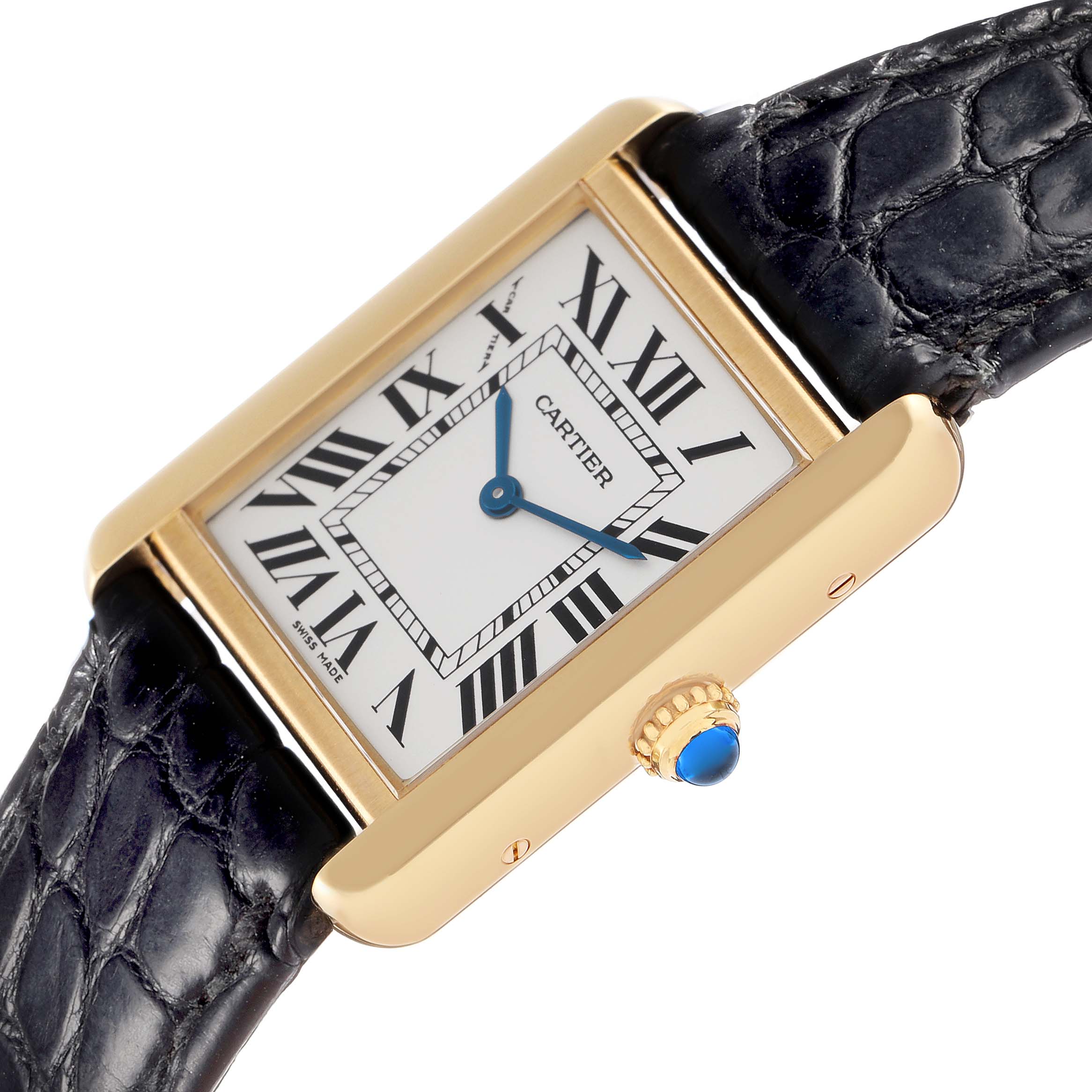 The Cartier Tank Solo W1018755 watch is shown from an angled side view, highlighting the case, dial, hands, crown, and part of the strap.
