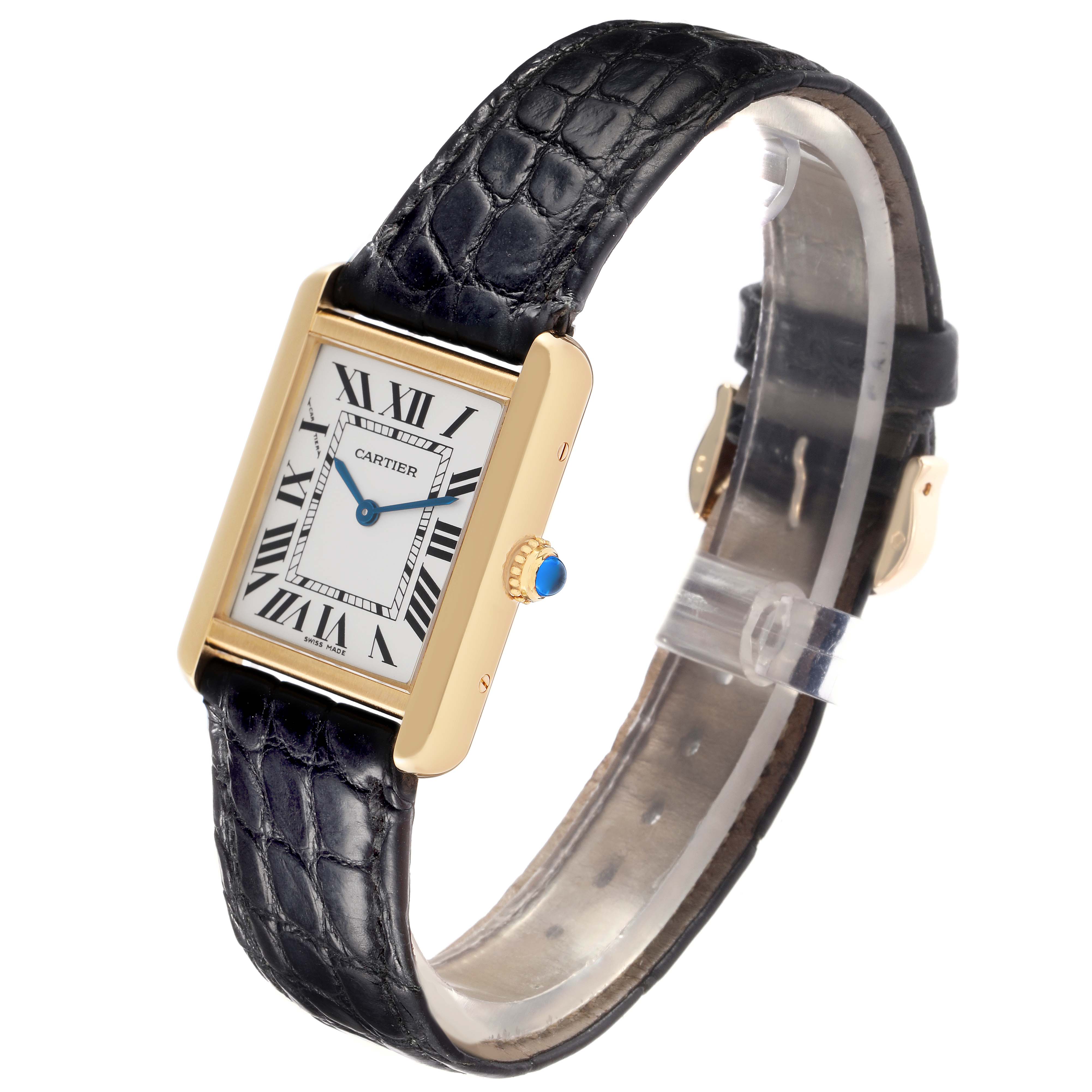 The Cartier Tank Solo W1018755 men's watch is shown at a three-quarter angle, highlighting the rectangular case, leather strap, and crown with a blue cabochon.