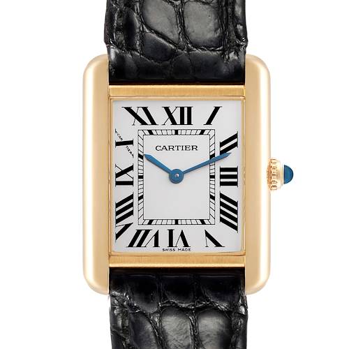 The Cartier Tank Solo model W1018755 watch is shown from the front, displaying the rectangular dial, Roman numerals, blue hands, and a leather strap.