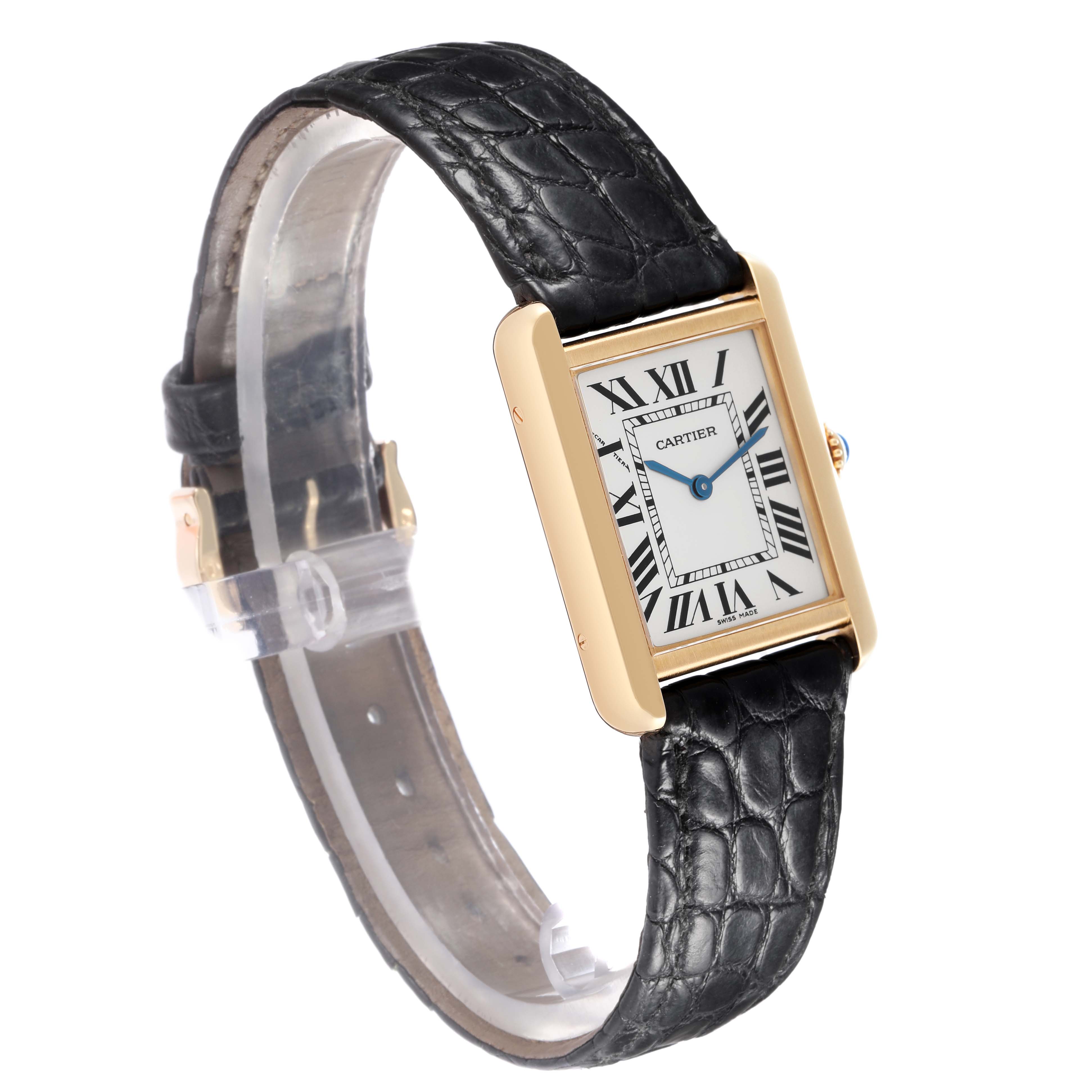 The Cartier Tank Solo model W1018755 is shown from a front-side angle, highlighting the rectangular face, Roman numerals, and black leather strap.