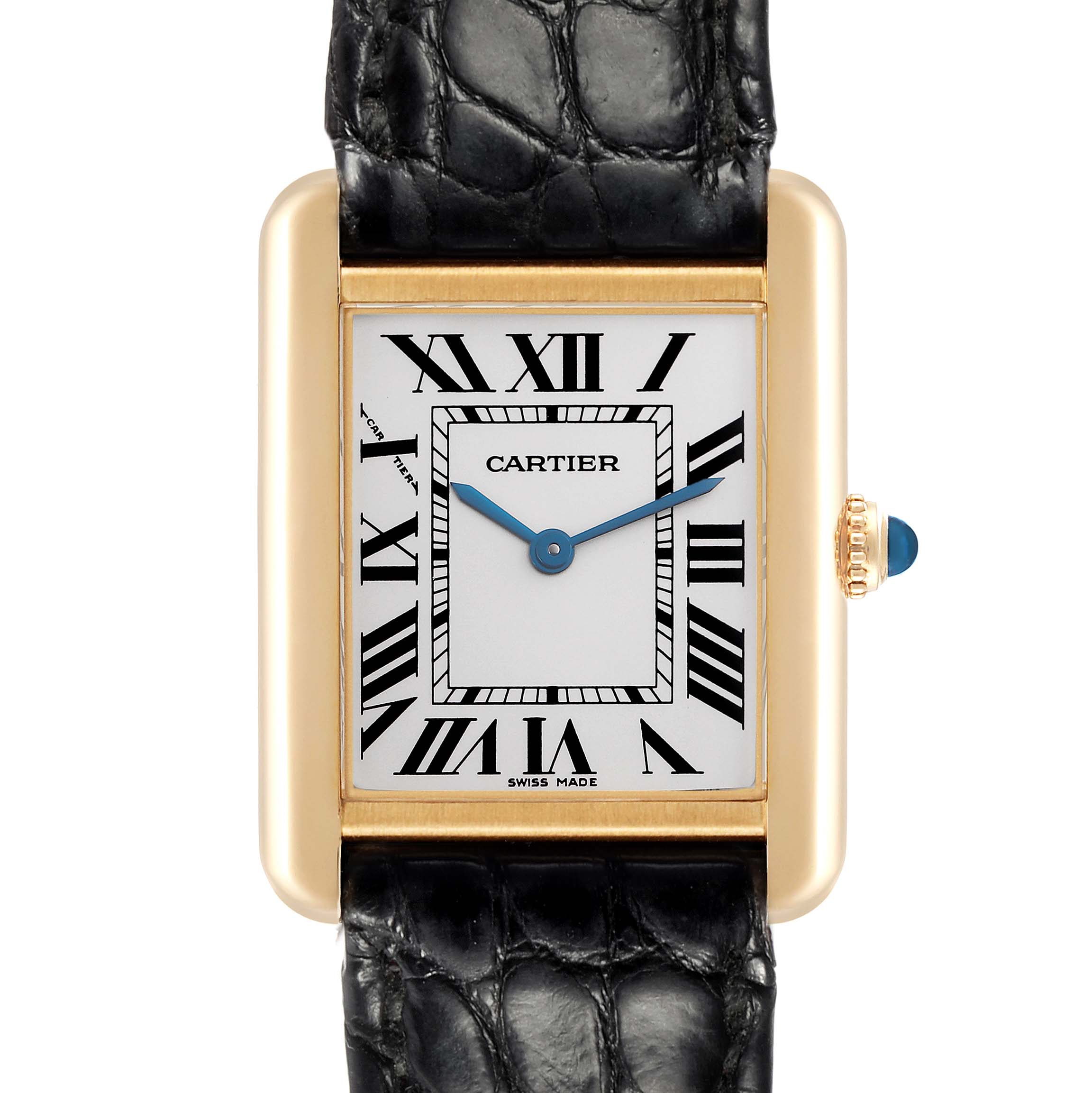 The Cartier Tank Solo model W1018755 watch is shown from the front, featuring the dial, gold case, Roman numerals, blue hands, and leather strap.