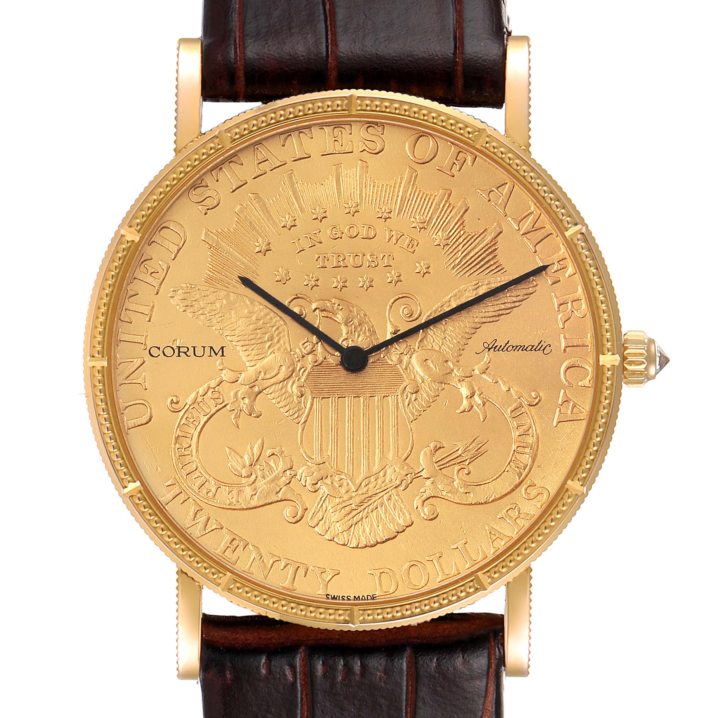 This image shows a Corum Coin Watch 1900 Men's Yellow Gold Black Dial 1900 Men's Yellow Gold Black Dial model from a front angle with its detailed face and leather strap visible.