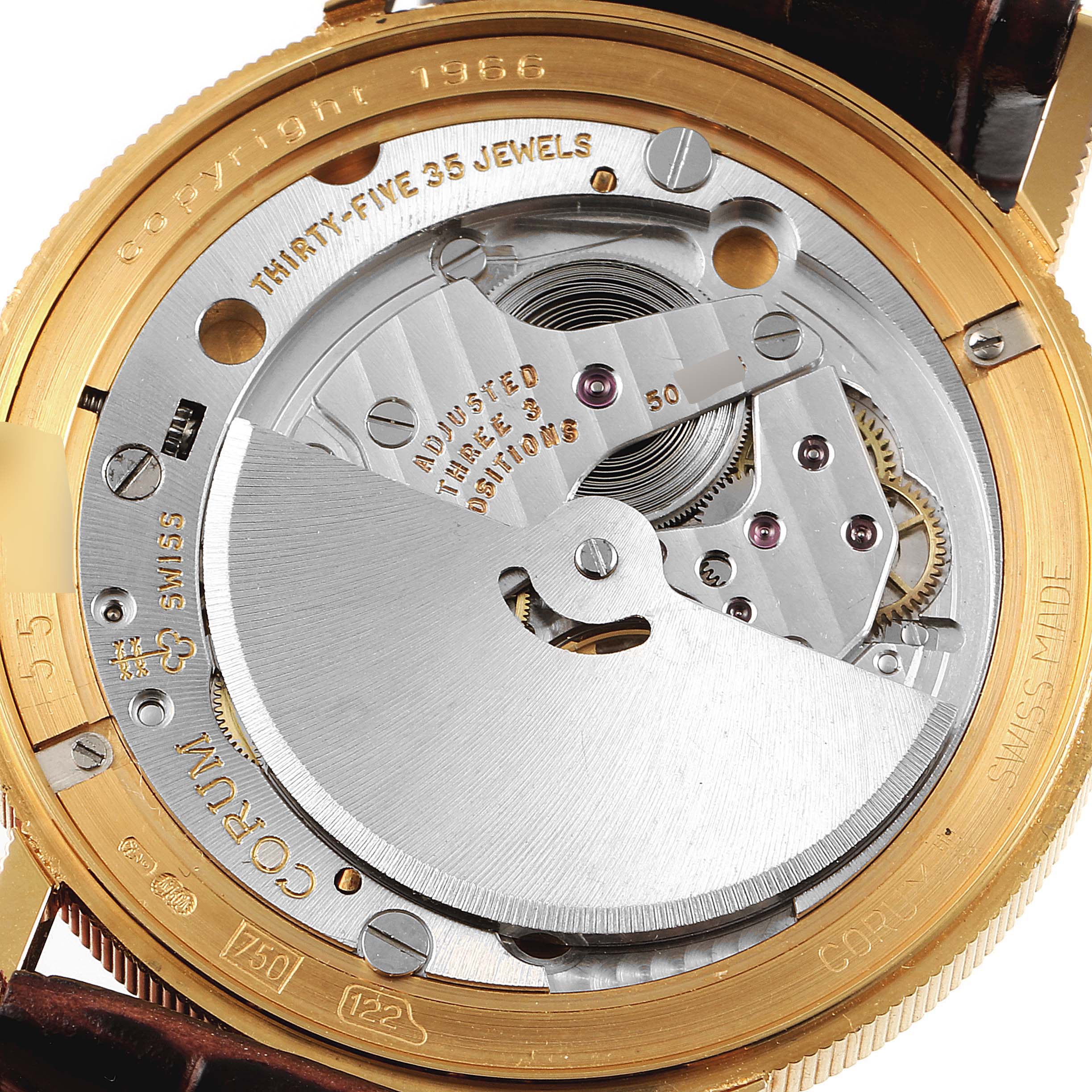 This image shows the back view of the Corum Coin Watch 1900 Men's Yellow Gold Black Dial 1900 Men's Yellow Gold Black Dial model, displaying its mechanical movement and internal components.