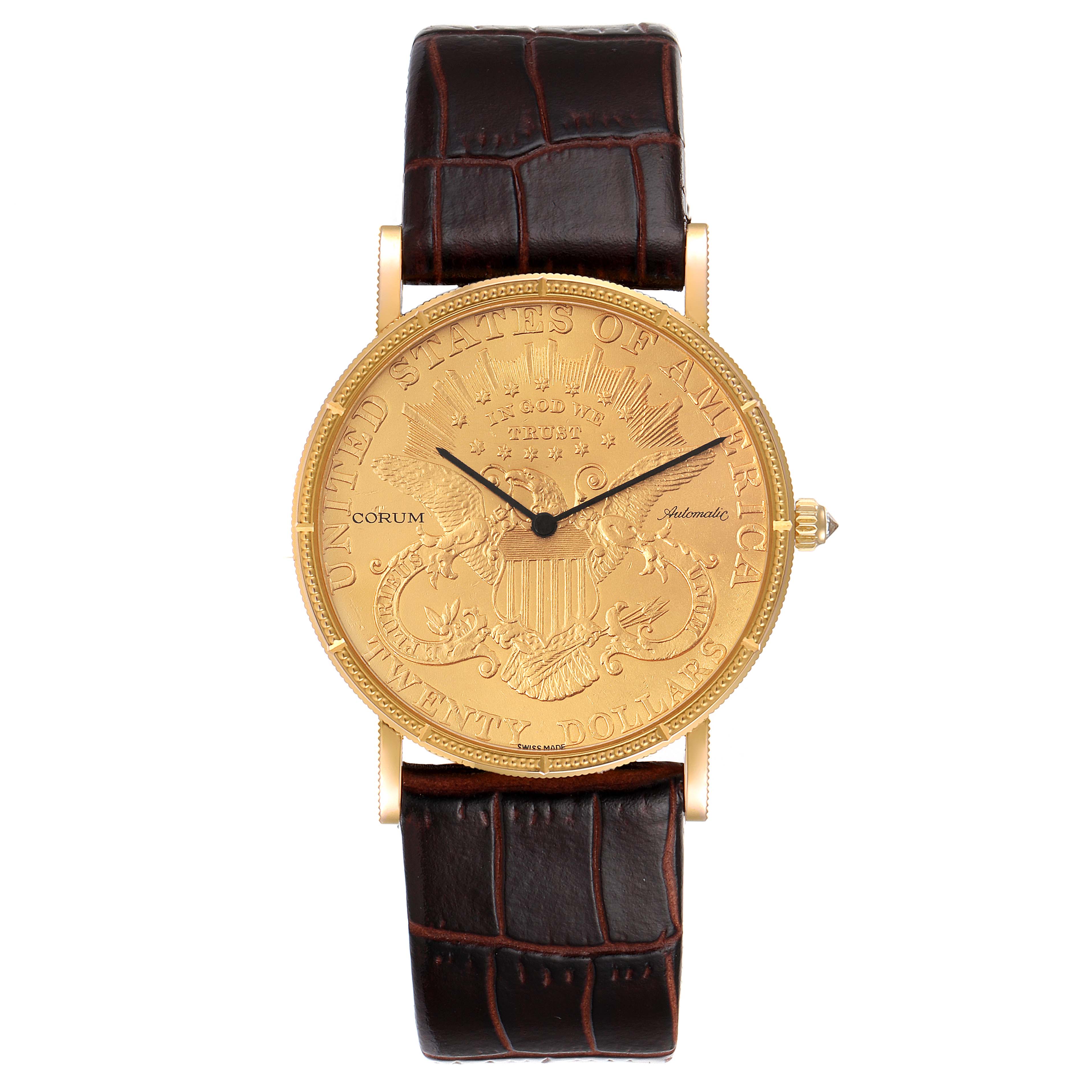 The image shows a Corum Coin Watch 1900 Men's Yellow Gold Black Dial 1900 Men's Yellow Gold Black Dial model, viewed from the front, displaying the entire dial and brown leather strap.